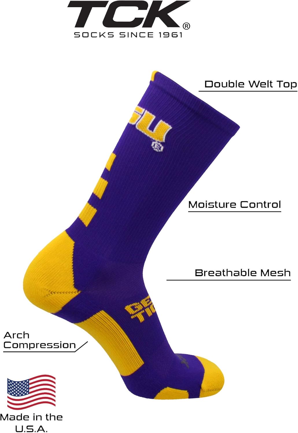 TCK LSU Tigers Baseline Crew Socks - Image 4