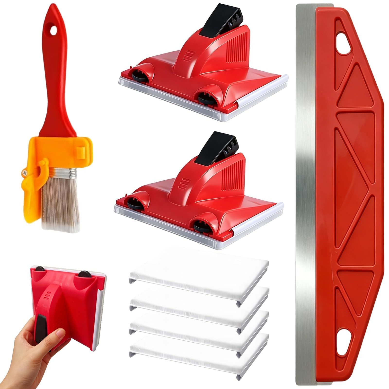 8pcs Paint Edger Tool Set, 2 Edge Brush with 4 Replacement Paints Pad, Wall Shield and Cutting in Tools for Painting Tools, Paint Cutting in Tool for Professional Floors Walls Painting