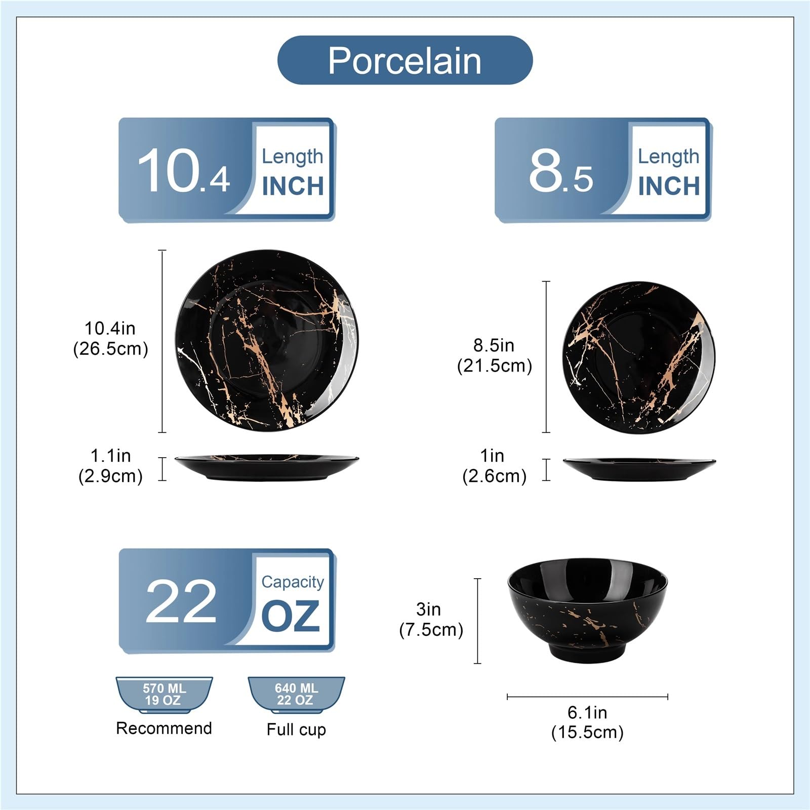 vajilla completa Juego de vajilla porcelana dorada con esmalte azul, 12 piezas