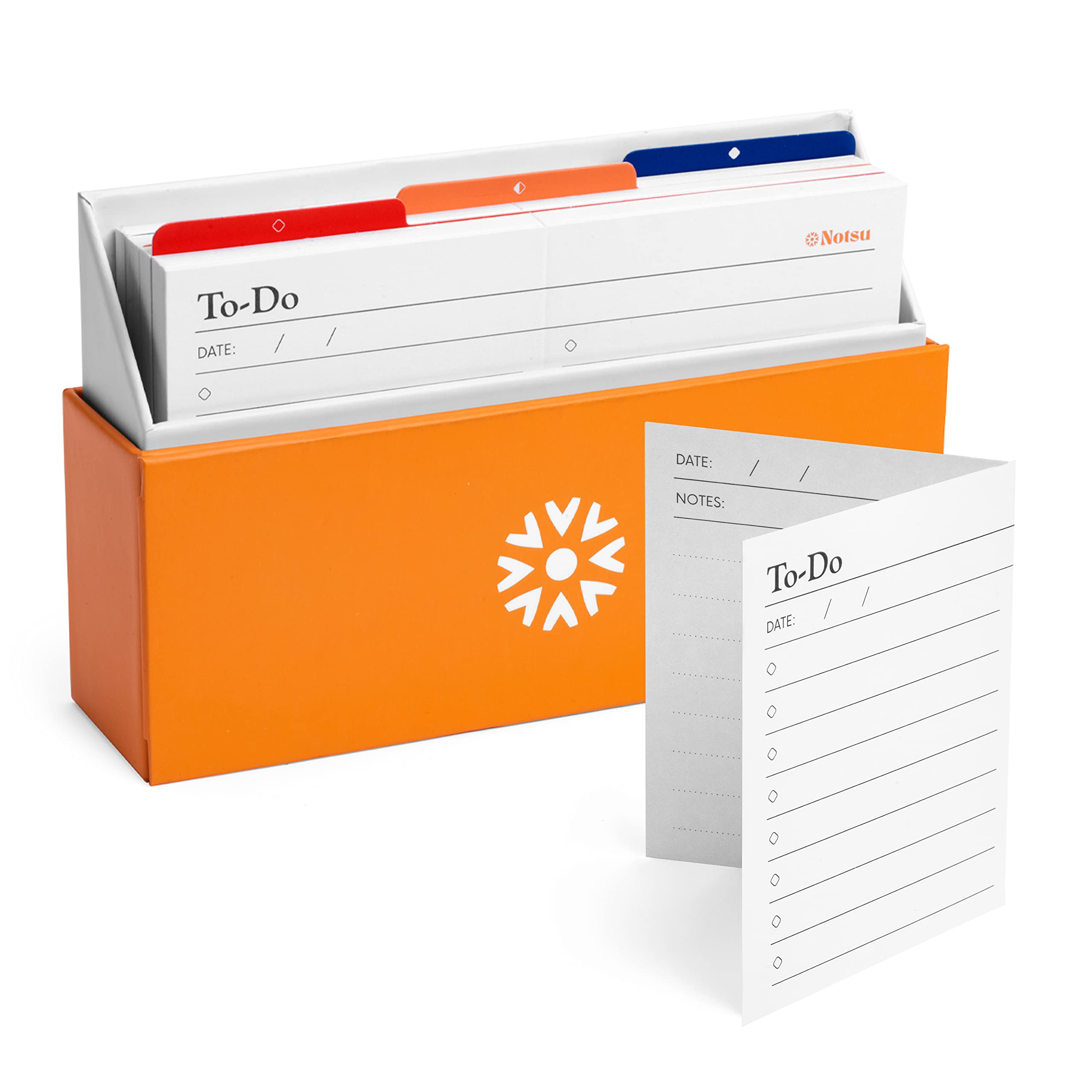 Notsu To Do List Cards with Stand Box Set | 50 Pocket Foldable 3x5 Productivity Notecards, Tab Dividers, Index Card Holder Stand