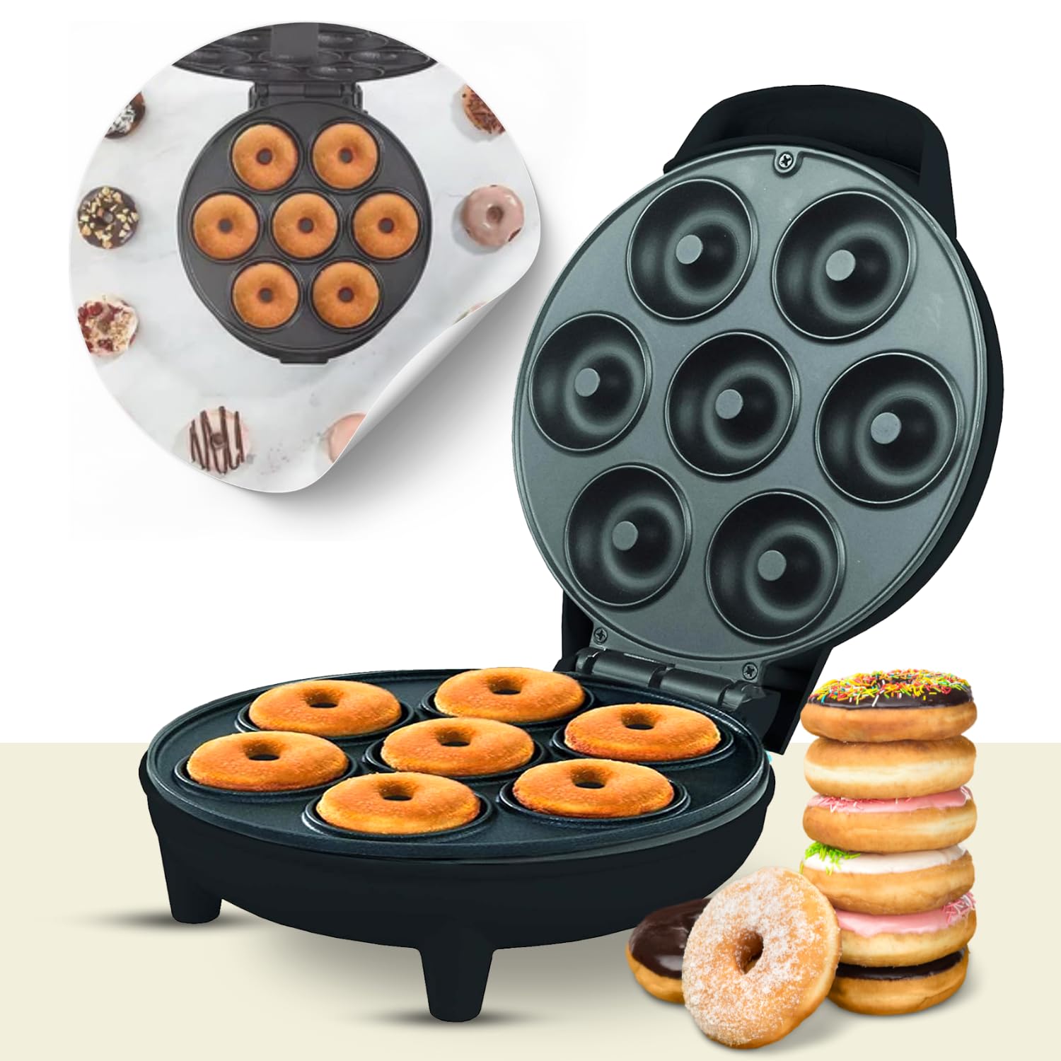 Donut Maker Electric Machine With Donut Recipe Cooks 7 Mini Doughnut Portable Similar to Waffle Pancake or Sandwich for Dessert Breakfast Snacks for Parties Gifts (Donut Shape)