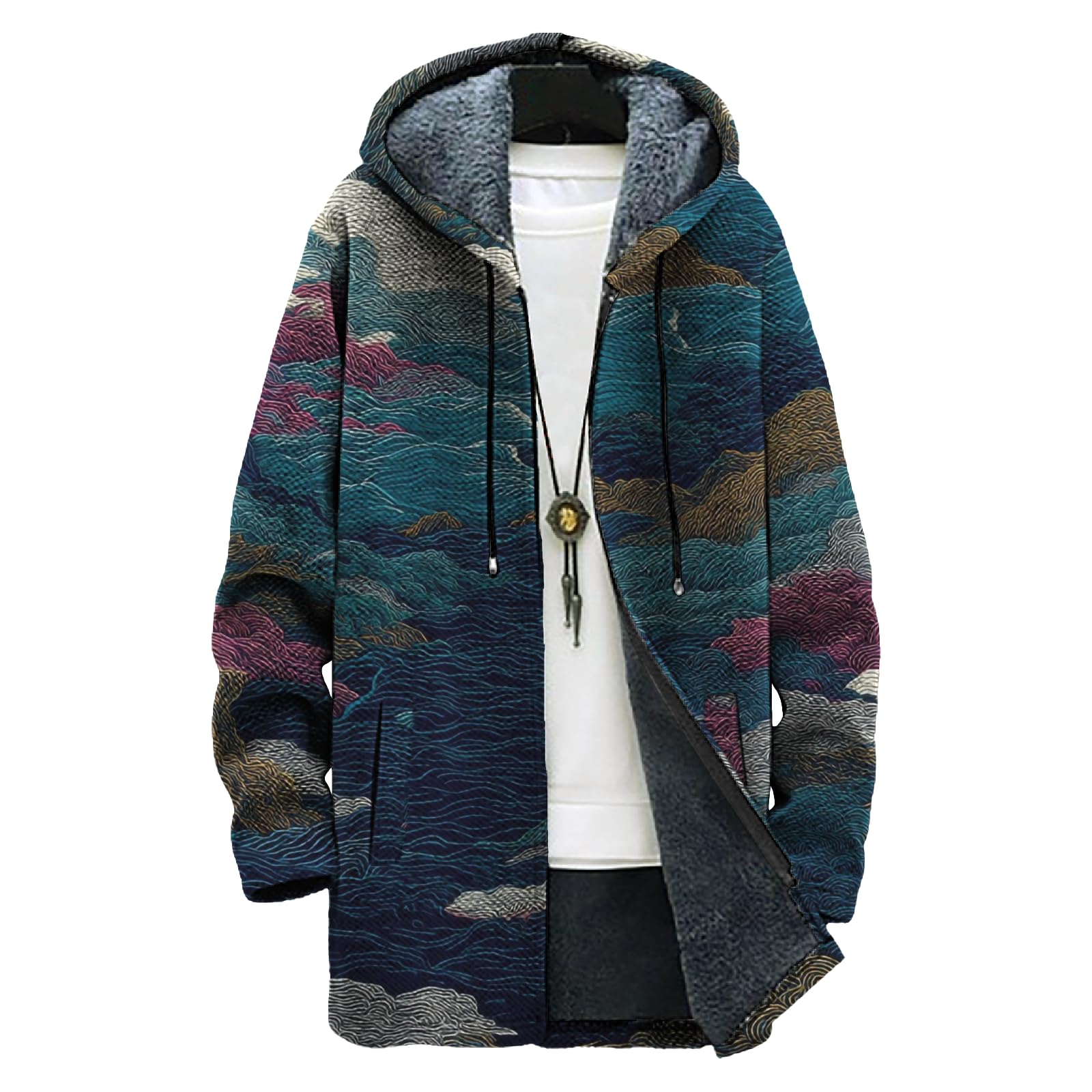 Mens Vintage Ethnic Print Fleece Lined Full-Zip Jacket Big and Tall Comfy Daily Vacation Travel Coat