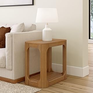 Plank+Beam Modern Rounded Rectangular Side Table with Shelf, Solid Wood End Table for Living Room, 25in, Pecan