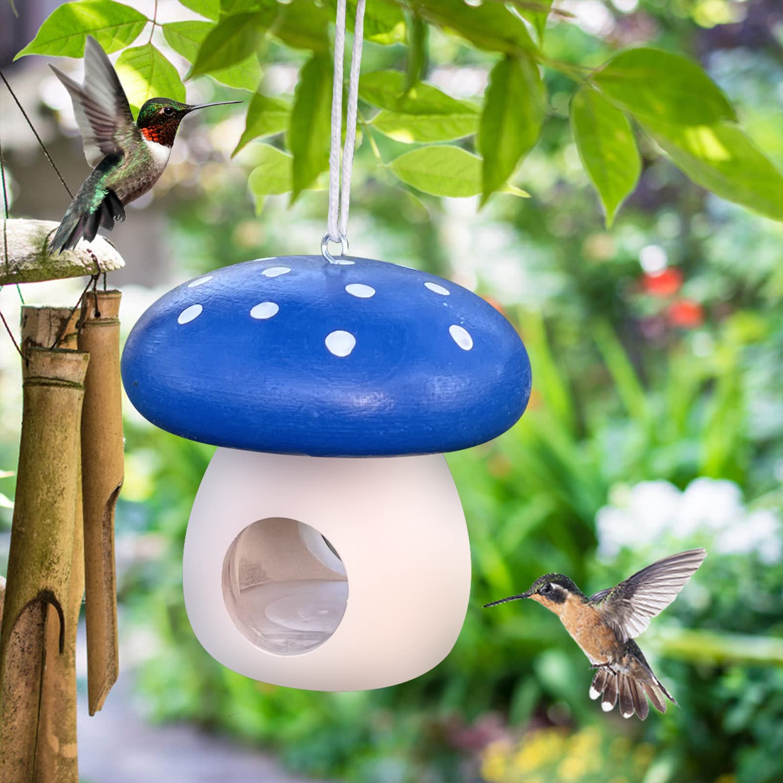 Wooden Hummingbird Houses Cute Mushroom Bird House for Outside Hanging Hummingbird Swing Nest Birdhouse Garden Country Bird Cottages (BB)