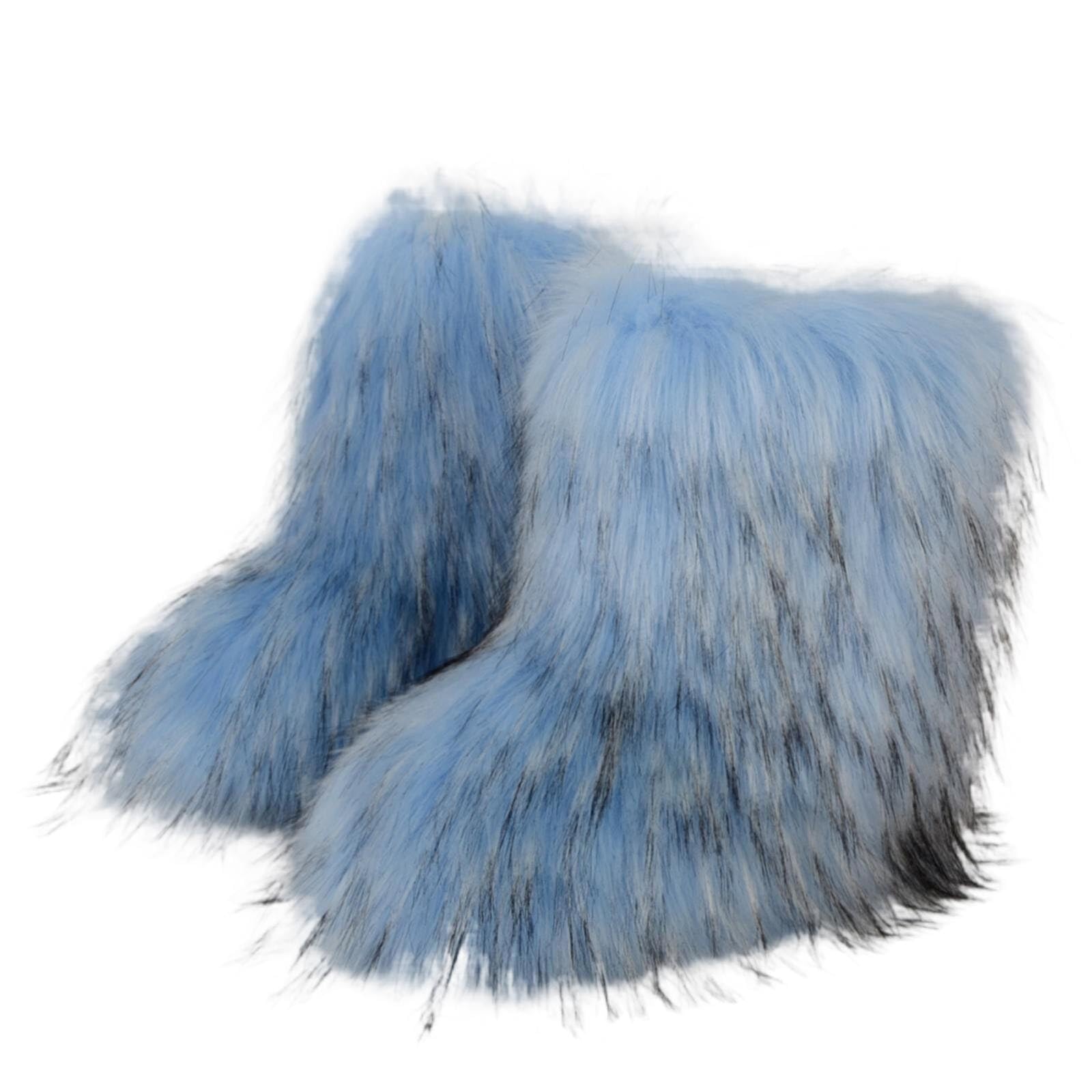 HINDOLA Womens Faux Fur Boots Fuzzy Fluffy Furry Round Toe Suede Boots Winter Comfy Plush Warm Snow Boots Comfortable Winter Ankle Booties Anti Slip