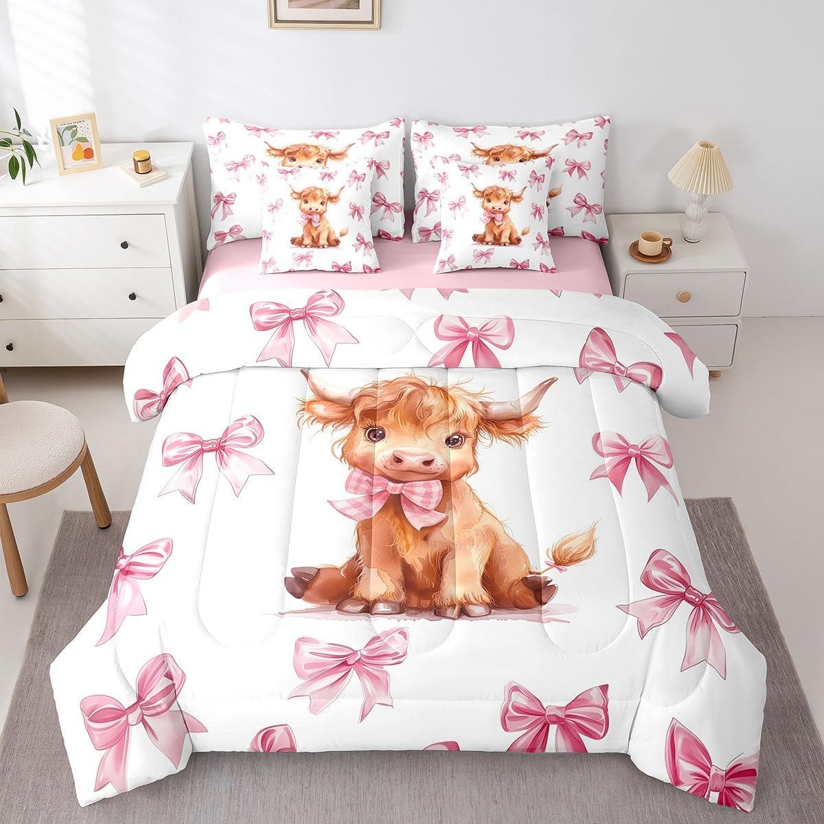 Erosebridal Highland Cow Bed in A Bag Cute Cartoon Animal Bedding Set Pink Princess Bowknot Full Comforter Set 7 Piece for Kids Girls Teen Women,Kawaii Bow Sheet Set with Comforter