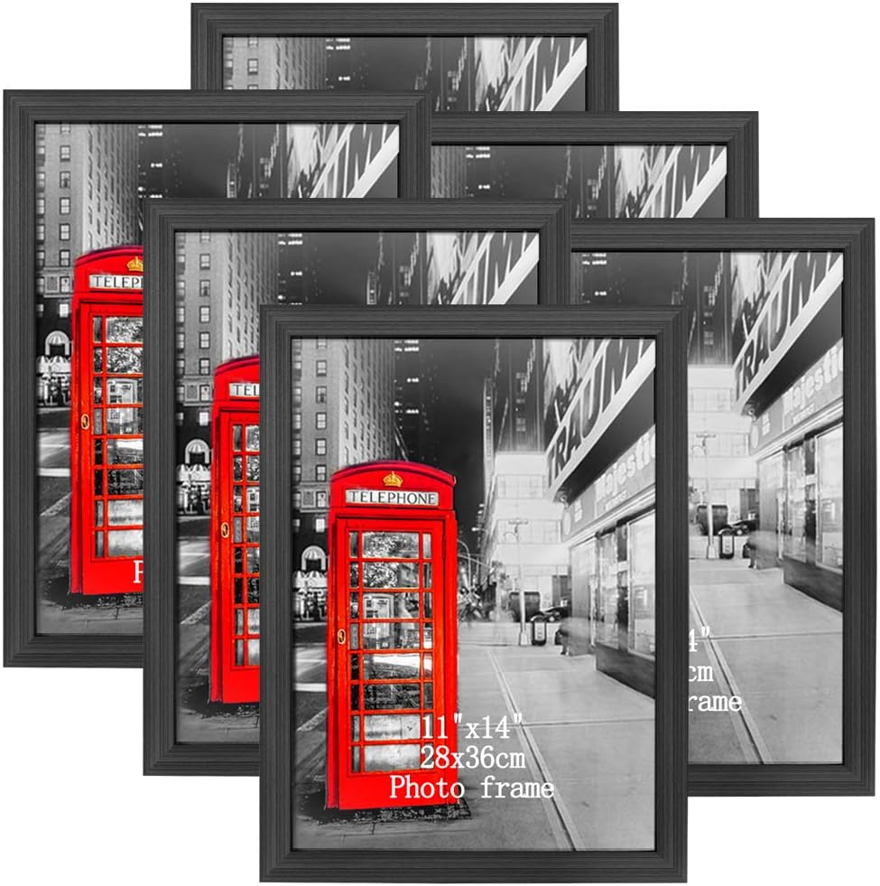Amazing Roo 11x14 Black Picture Frame Set of 6, Made to Display 11 by 14 Inch Photos Prints without Mat for Wall and Tabletop Frames