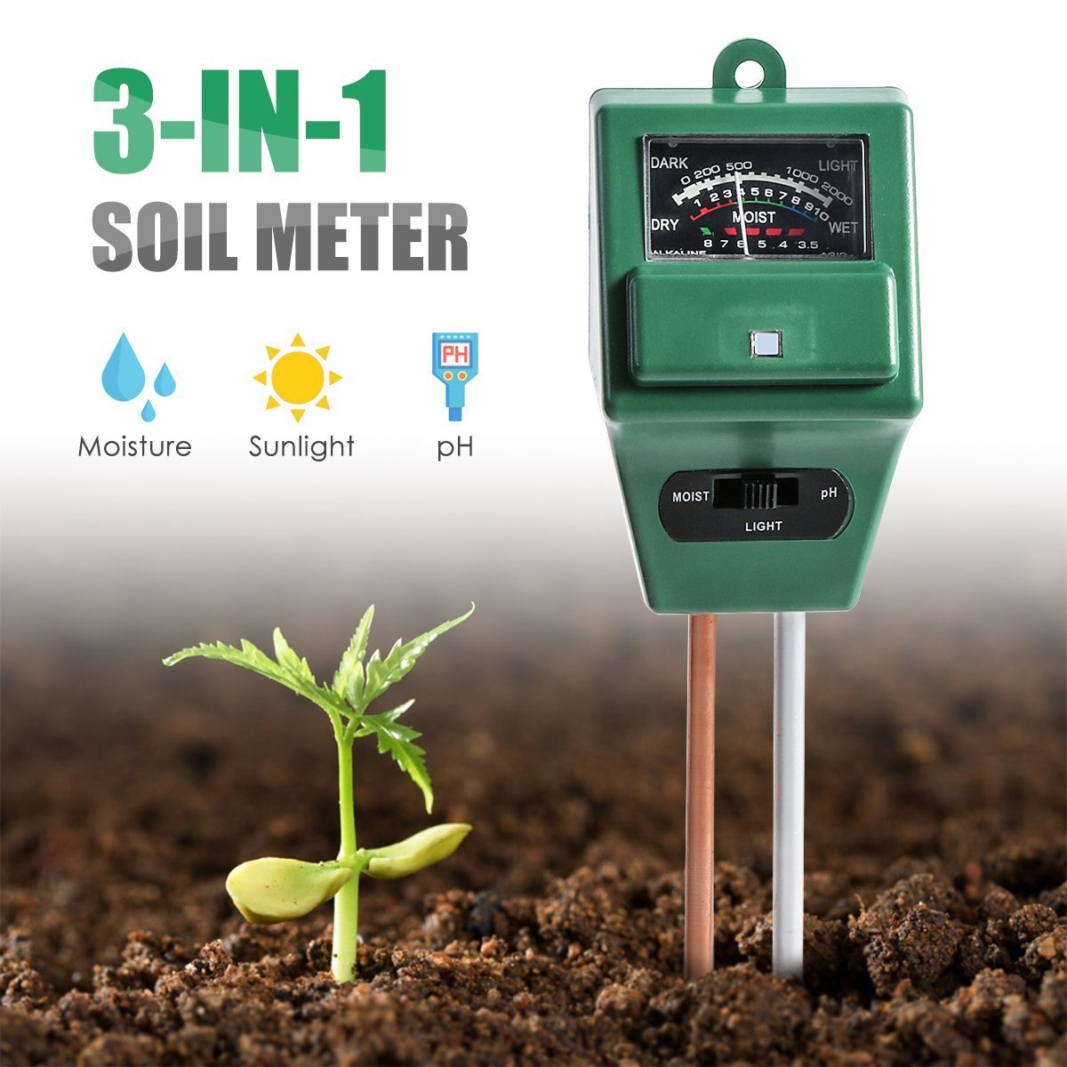 DeoDap Soil Tester 3-in-1 Plant Moisture Sensor Meter/Light/pH Tester for Home, Garden, Lawn, Farm, Indoor & Outdoor Use, Promote Plants Healthy Growth (Green) - Image 3 thumbnail