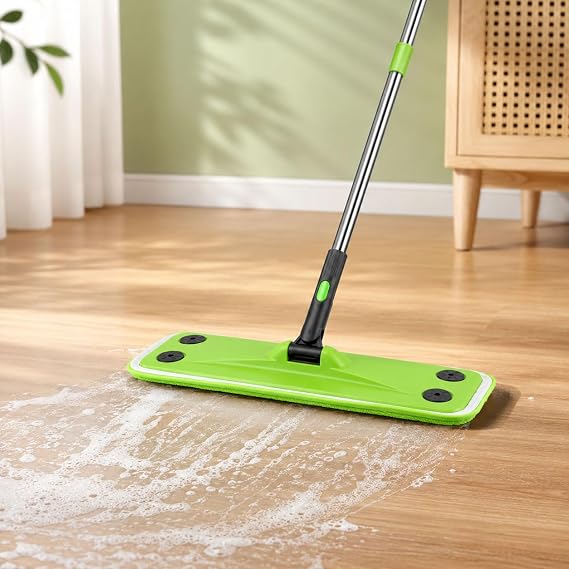 Green Flat Mop, 16-Inch Dry Mop with Long Handle for Floor Cleaning