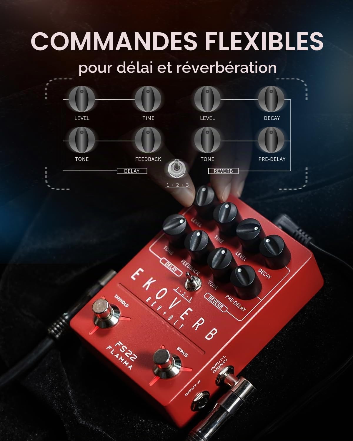 FLAMMA FS22 Pédale d'effets combo de retard et de réverbération stéréo pour guitare d'ambiance avec 3 paires d'effets combinés Reverse Delay Shimmer Reverb Tap Tempo Freeze Trail On