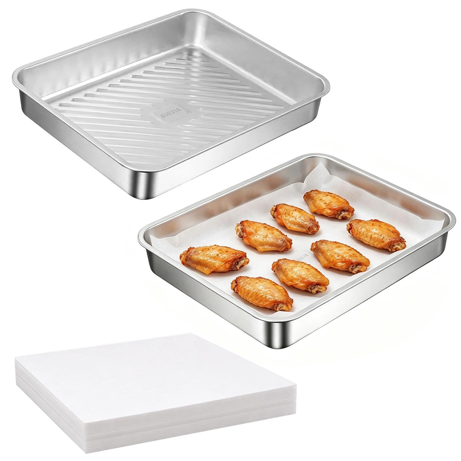 2 Pcs Baking Pan Set, 30x25x5.5 cm Stainless Steel Deep Cake Baking Pan, Rectangular Pans for Cakes, Lasagna, and Pancakes, Dishwasher-Safe Rectangular Pans
