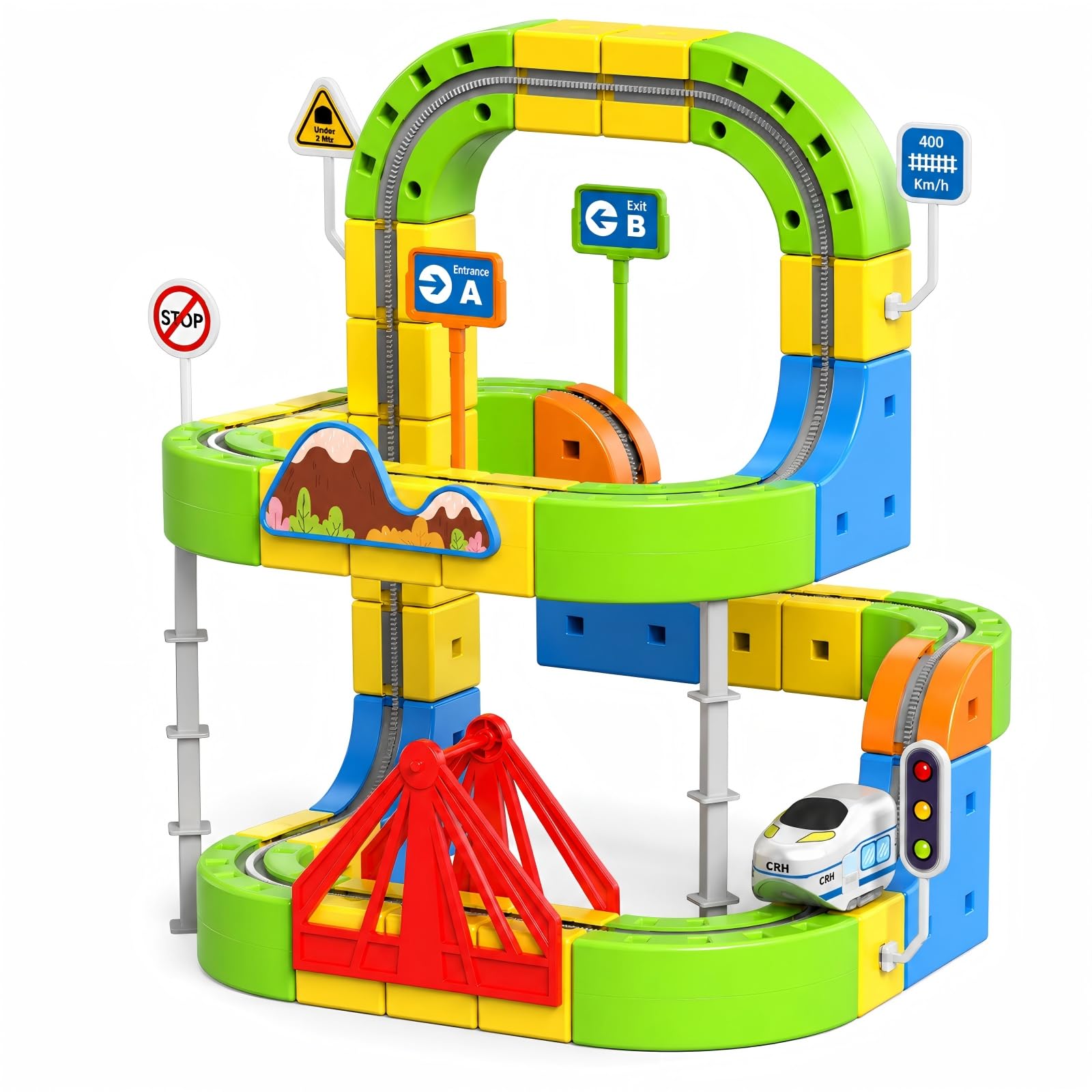 Electric Train Set for Kids, 125PCS 3D Gravity Cube Track with Motorised Train, Traffic Signs, Curves, Slopes & Supports, STEM Building Toy Gift for Boys & Girls Aged 3+