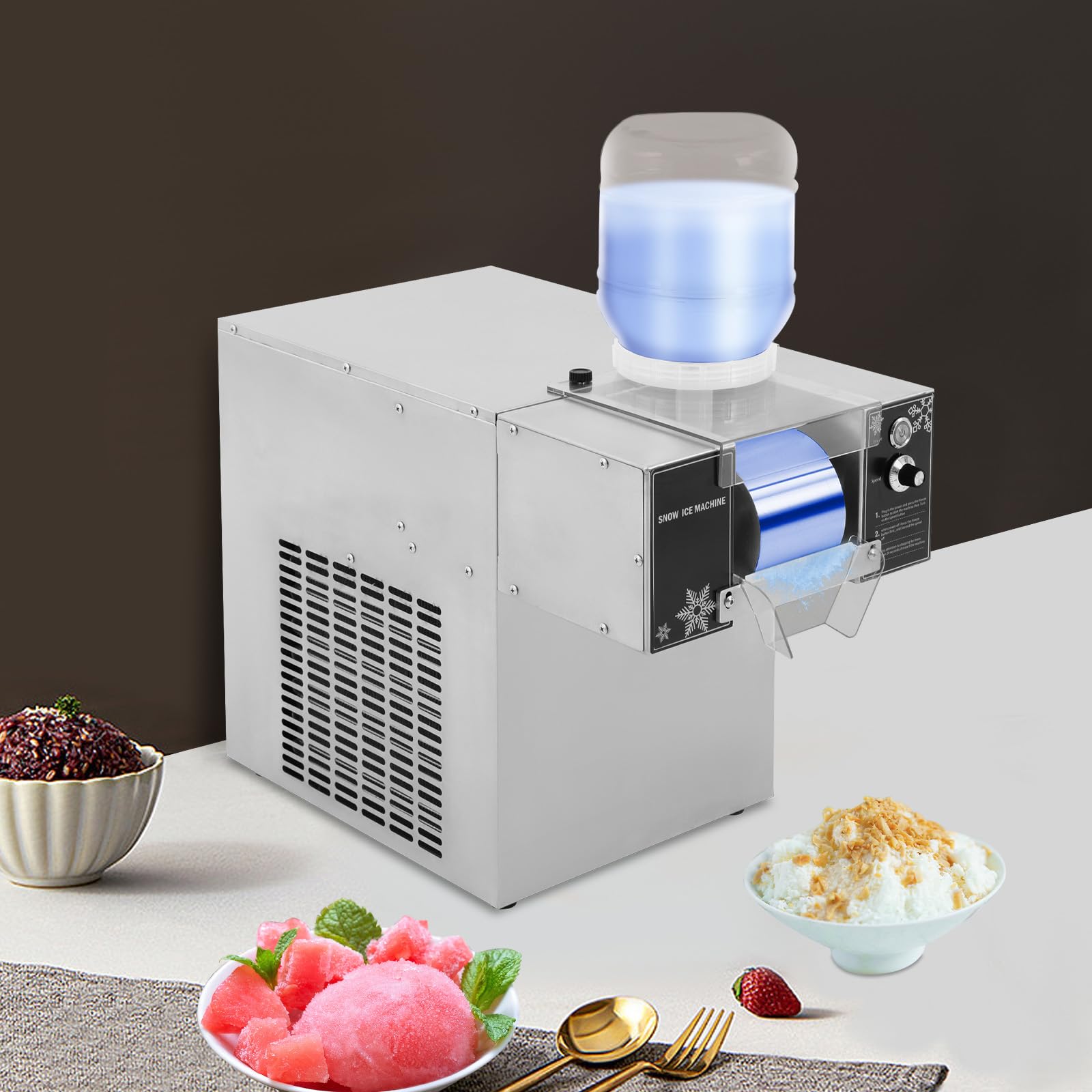 Professionelle Schneeflockeneismaschine 120kg/Tag 304 Edelstahl 8 Geschwindigkeiten Luftkühlung Doppelbehälter 5L x2 220V