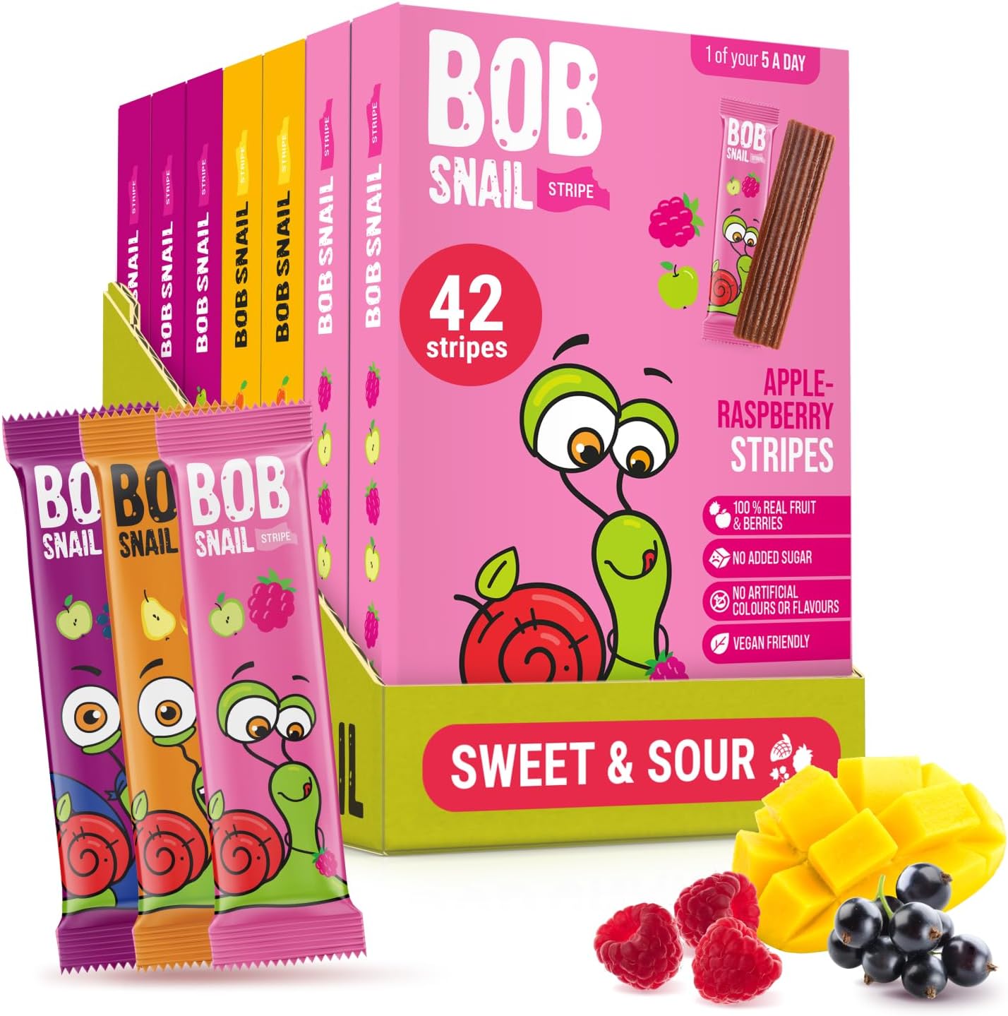 Bob Snail Fruit Leather Stripes – Mix Flavors Raspberry, Blackcurrant, Mango – Sugar Free, Vegan, Natural Healthy Fruit Snacks for Adults and Kids, Bulk Candy Family Box, 42 Bars (Pack of 7, 588g)