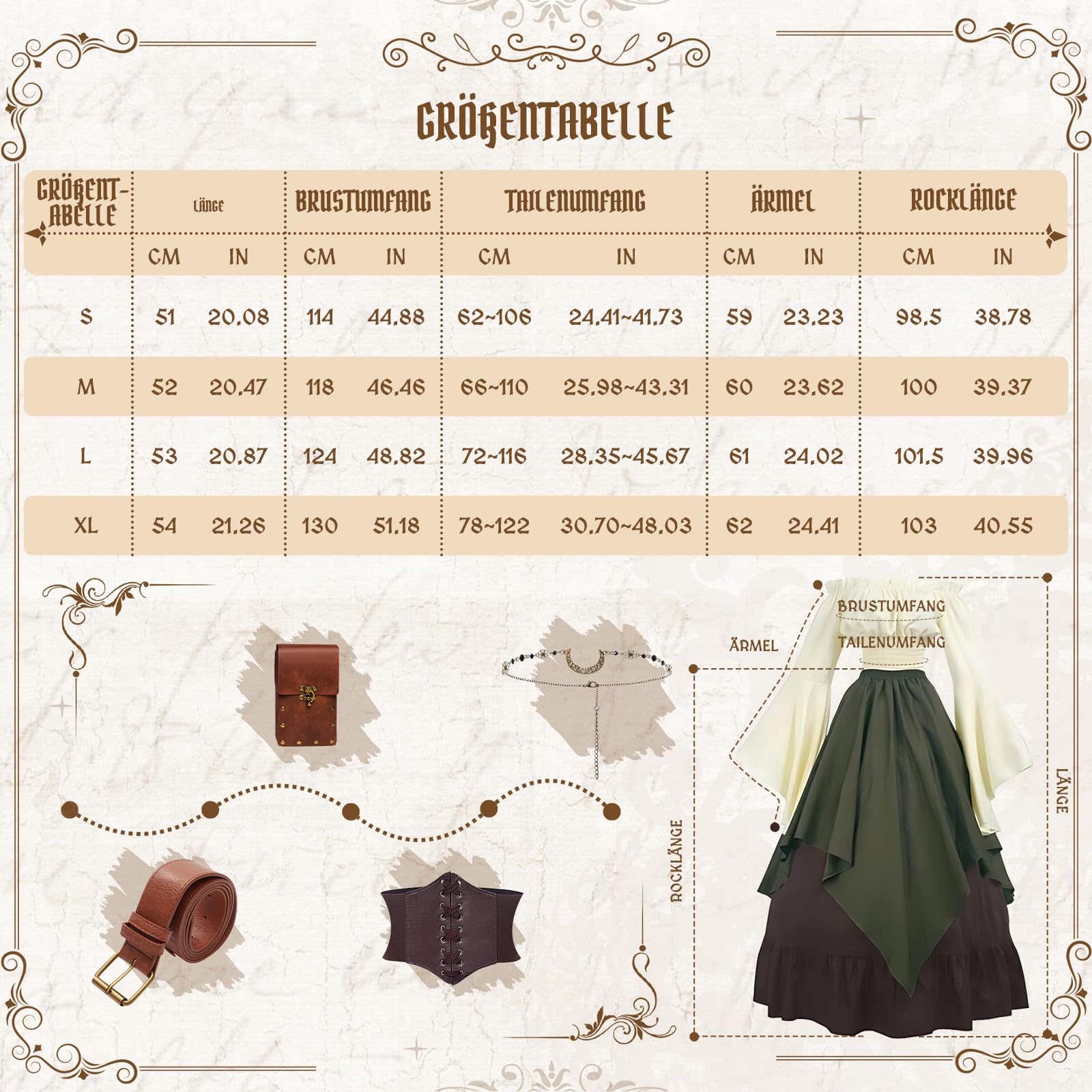 Mittelalter Kleidung Damen, Renaissance Kleid Damen und Off Shoulder Bluse mit Corsett, Gürteltasche, Kopfschmuck, Gürtel, Viktorianisches Kostüm für Halloween Karneval