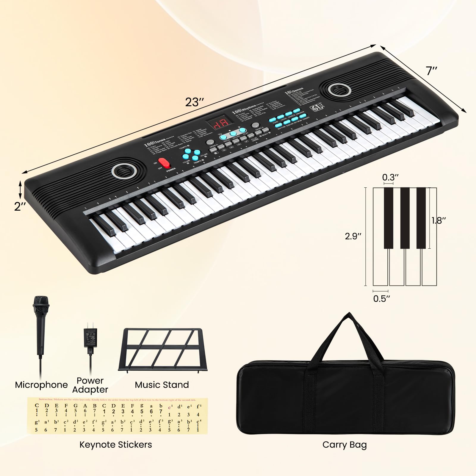 LDAILY Piano de teclado de 61 teclas, piano digital electrónico con micrófono de altavoz integrado, soporte para partituras y adaptador de corriente, teclado de piano portátil para principiantes