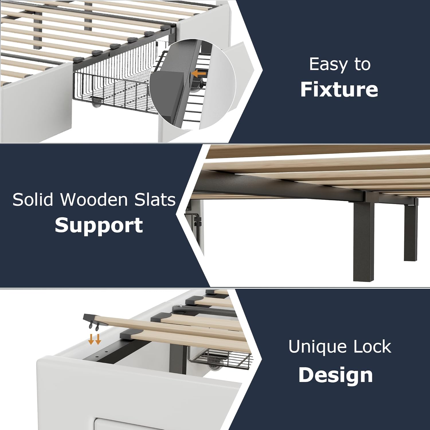 VECELO Queen Size Bed Frame with 3 Storage Drawers, Leather Upholstered with Diamond Tufted Headboard, Solid Wood Slat Support & Steel Framework, PU & White