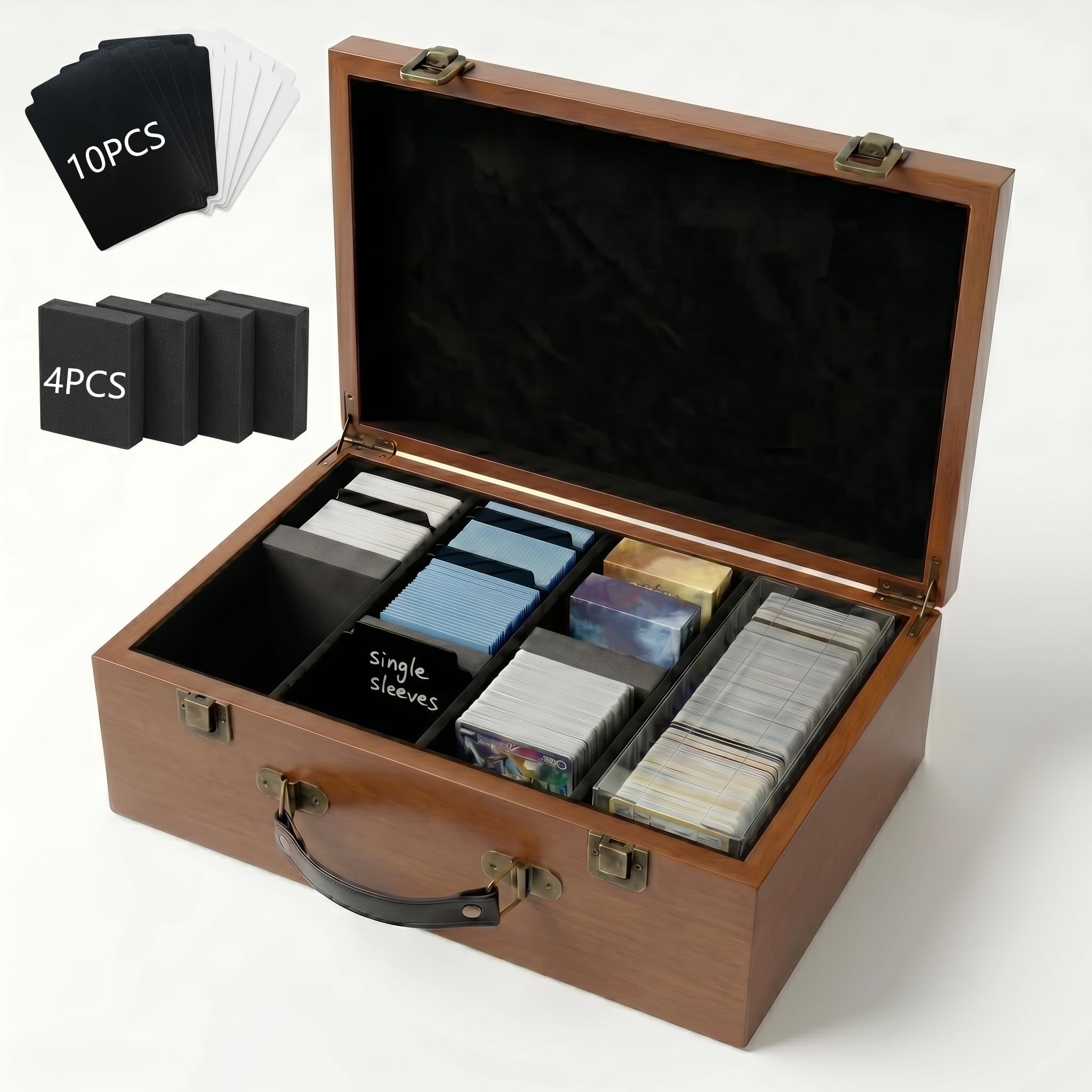 WOPITUES Caja de almacenamiento de tarjetas coleccionables con asa, caja de tarjetas de 4 filas con capacidad para 1600 tarjetas con funda, caja de madera MTG Commander con 10 separadores y 4 tapones