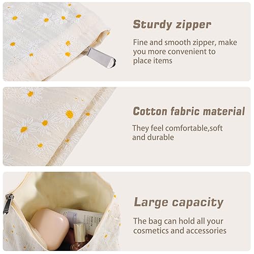 Miniatura 5 de ZLFSRQ Bolsa de maquillaje de flores de margarita, bolsas de cosméticos florales lindas para mujer, bolsa grande de aseo blanca con cremallera,