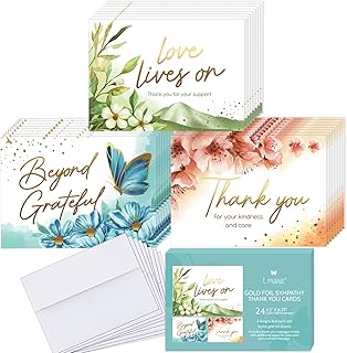 24 Gold Foil Funeral Thank You Cards With Message Inside - 4.5 x 6.25” Floral Bulk Sympathy Flower Thank You Cards with Words Inside - Bereavement Thank You Notes With Envelopes
