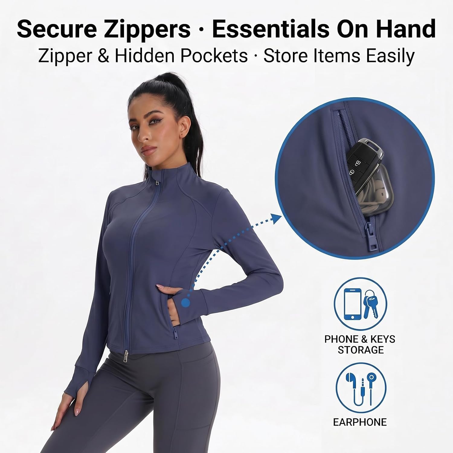 Women’s Slim Fit Full Zip Workout Jacket – Lightweight Yoga & Running Top with Thumb Holes & Convenient Pockets