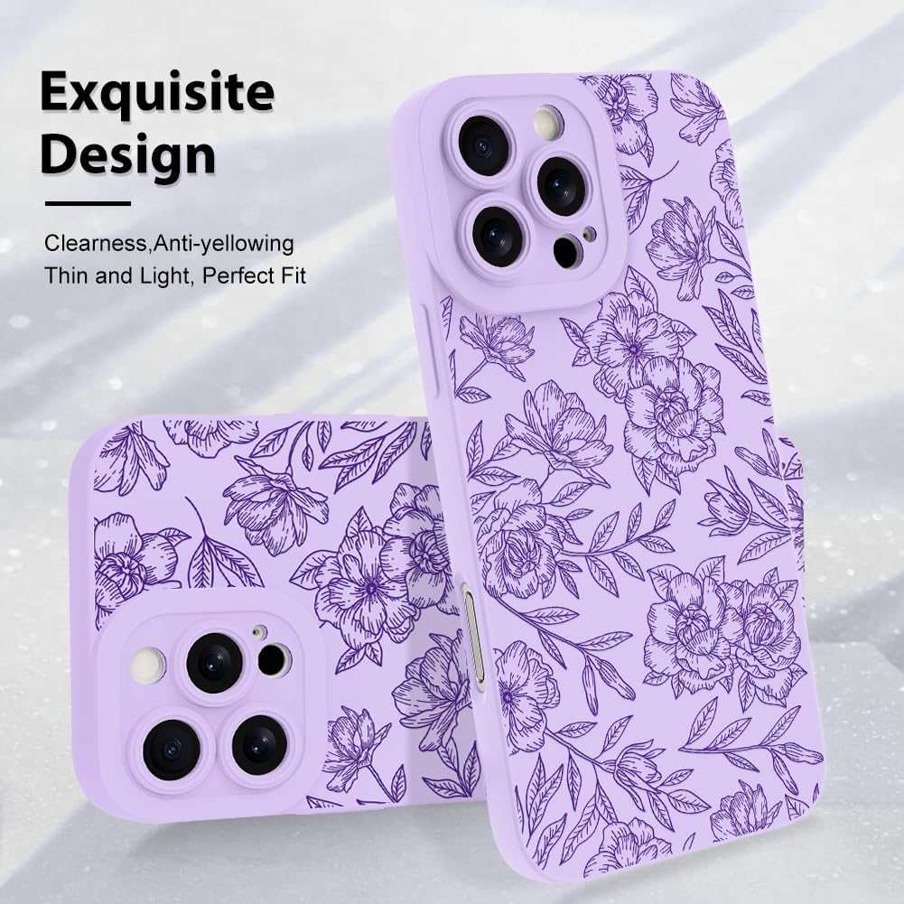MZELQ for iPhone 16 Pro Max Case, Silicone Floral Flower Rose Cute Pattern, Camera Protection Soft Slim Phone Case for Girls Women -Purple