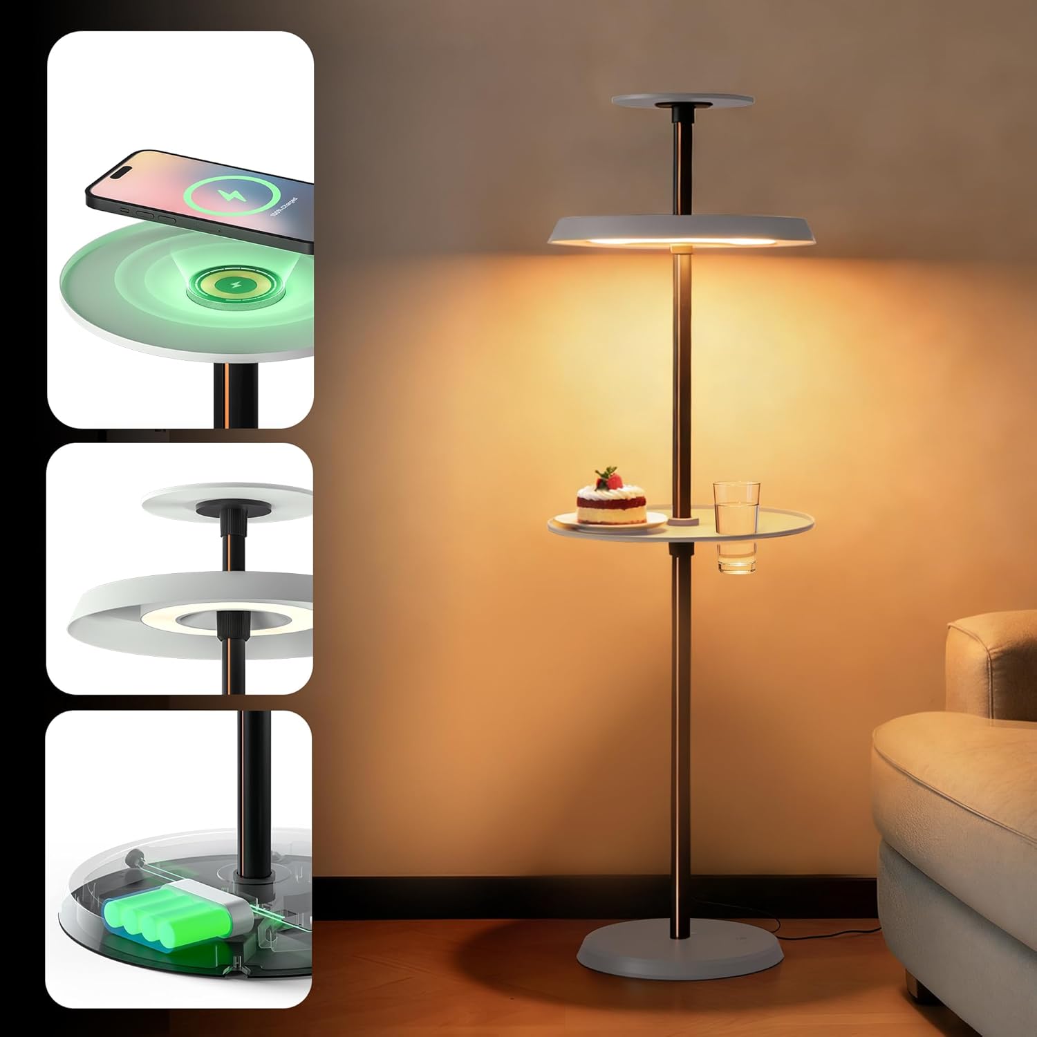 Tubicen Cordless Floor Lamp with Table Tray 5000mAh Battery Rechargeable Floor Lamps Wireless Charger Remote 3-Color 21W LED Dimmable Modern Standing Lamp for Living Room Bedroom Office