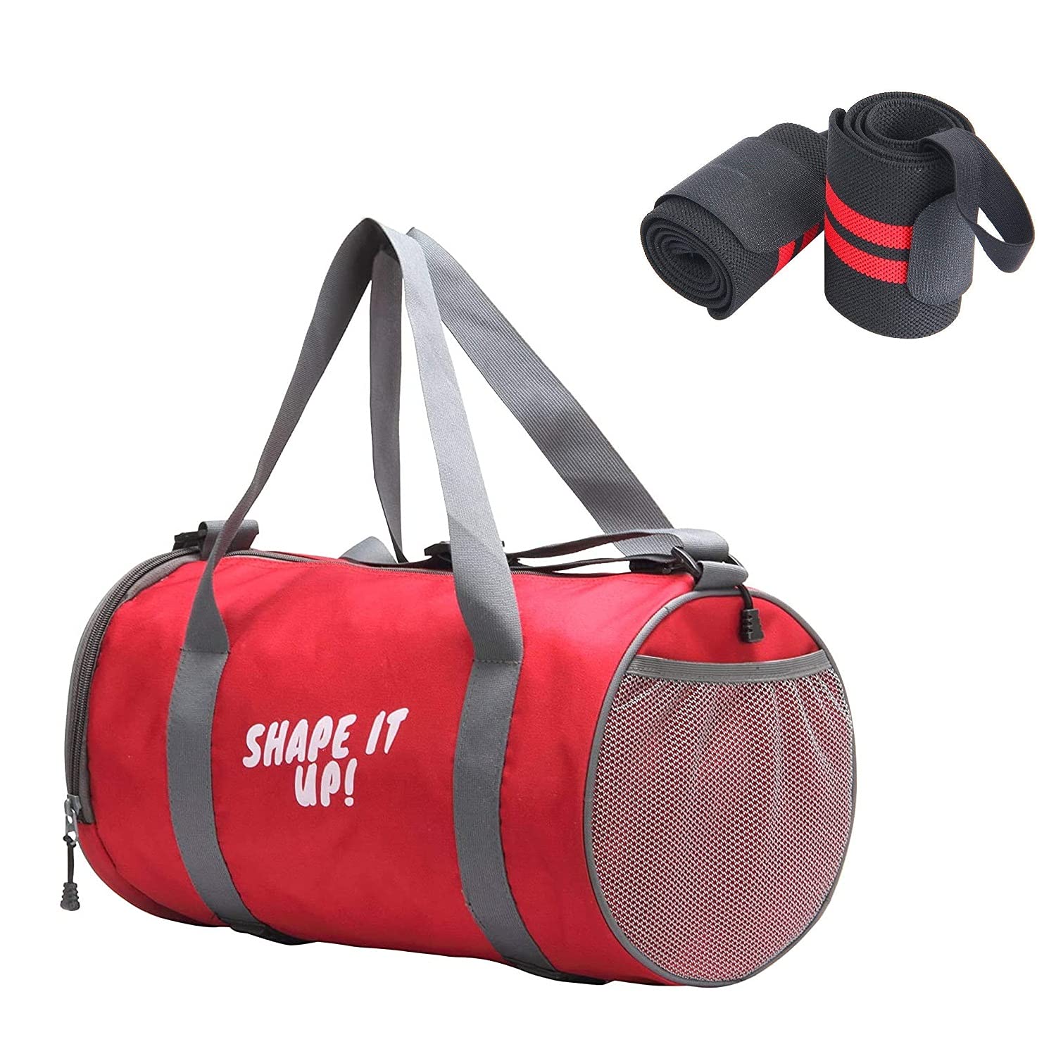Raisons® Combo Pack of Wrist Support Band for Daily Exercise with Gym Bag, Sports Duffel Bag with Shoes Compartment, Travel Shoulder Bag for Men & Women (Red)