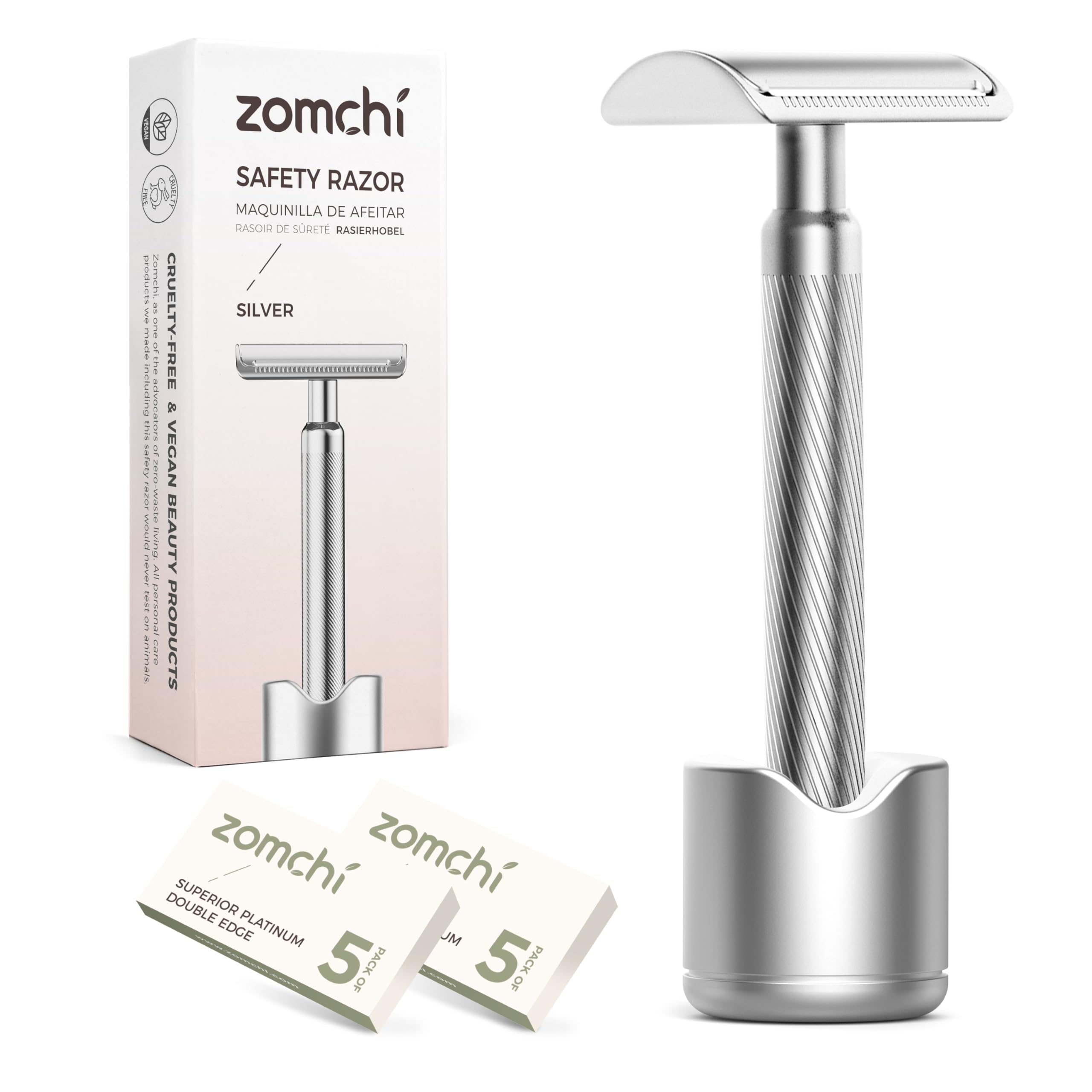 ZOMCHI Double Edge Safety Razor for Men & Women,[New Version 2.0 ] Metal Razor with 10 Double Edge Safety Razor Blades, Single Blade Razor with Stand