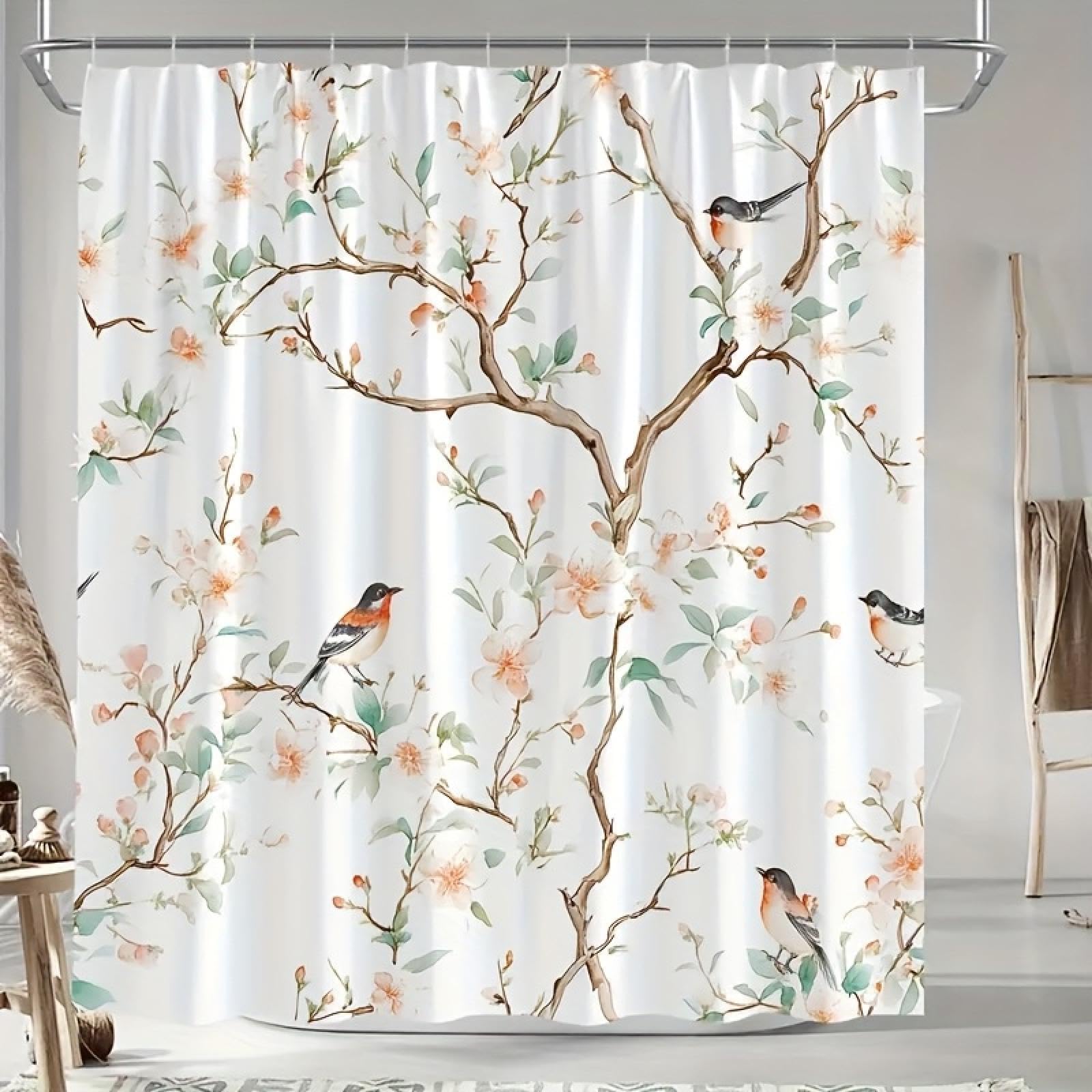 Uiyiui Multicolor-5 Asian Floral Bird Shower Curtain 39X39in/100X100cm/Wxh Oriental Retro Spring Plant Flowers Blooming Branches Painting Bathroom Decor Curtains, Waterproof Polyester Fabric With Hook