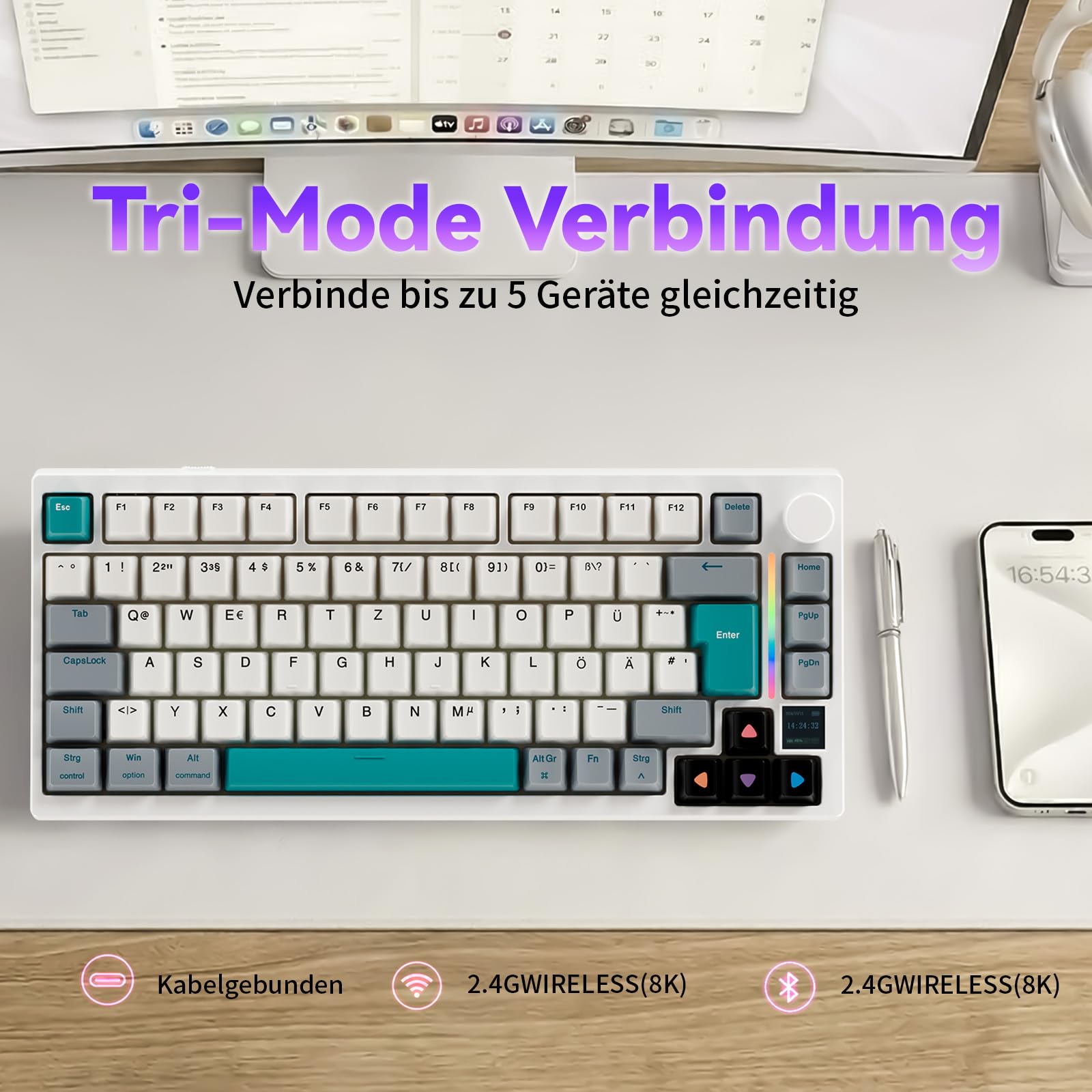 GK GAMAKAY TK75 SOCD 75% Tastiera meccanica silenziosa QWERTZ (layout ISO-DE) con schermo TFT, BT 2,4 GHz USB-C 8 KHz (GamaKay Phoenix Switch)