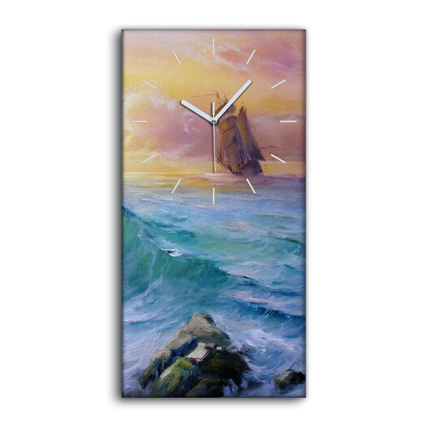 Horloge sur Toile 30x60cm Coloray Mer et Voilier Silencieuse pour Salon