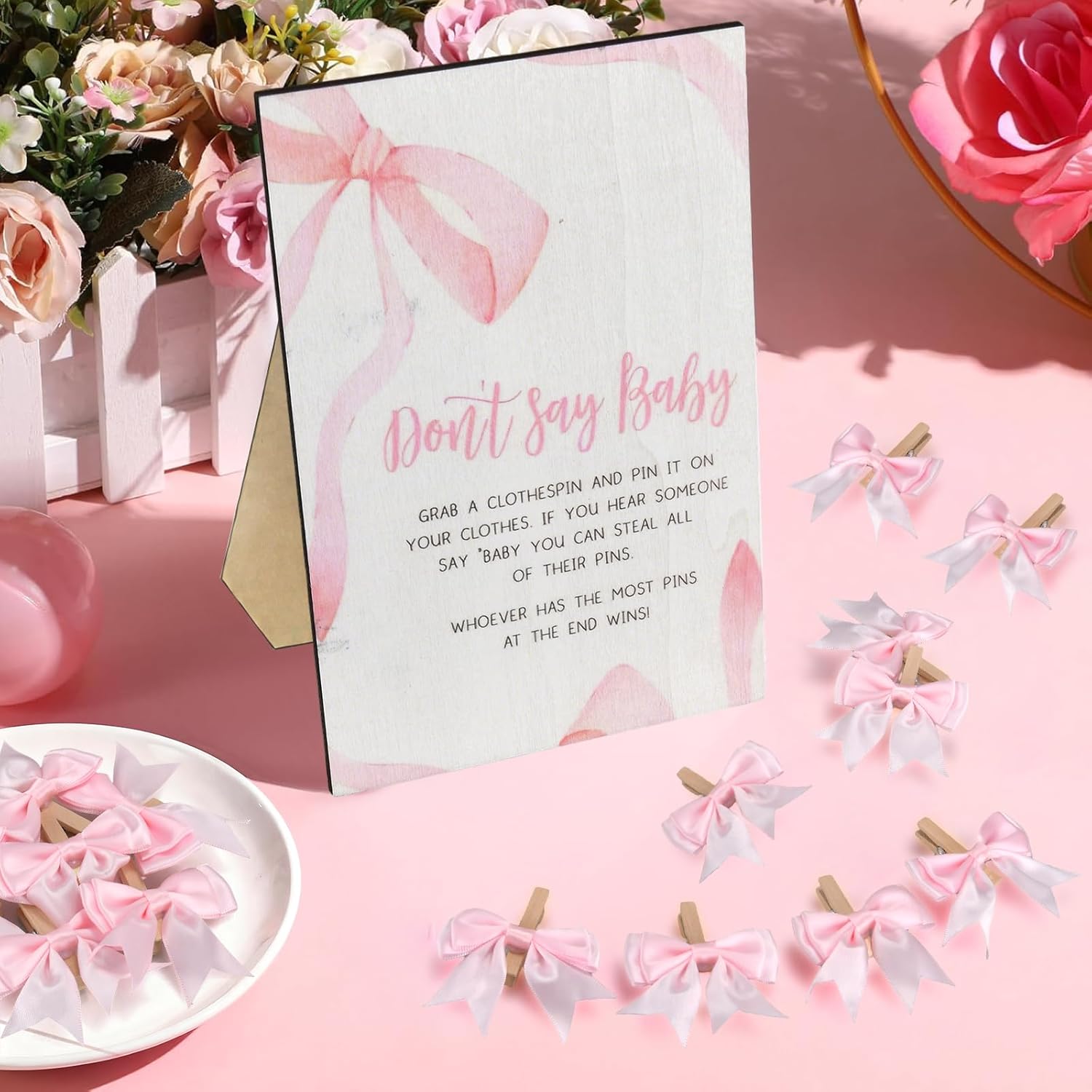 Pink Bow Don't Say Baby Baby Shower Game, 51Pcs Clothes Pins Game for Baby Shower, 1 Sign and 50 Bow Wooden Clothespins, Gender Reveal Party Favors Decorations