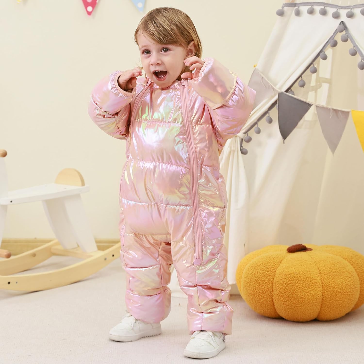 uideazone Baby Girls Boys Snowsuit Toddler Warm Hooded Snow Suit Infant Double Zipper Romper One Piece Puffer Coat 3-24M