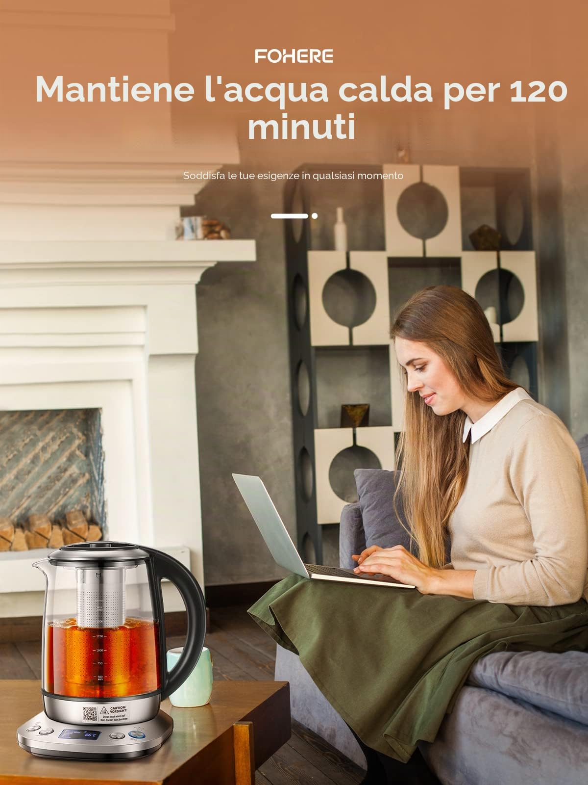 FOHERE Bollitore Elettrico con Regolazione Della Temperatura, Bollitore Elettrico con 6 Preset, Funzione di Mantenimento in Caldo per 2 Ore, 2200W Bollitore da 1,7 l, Schermo LCD
