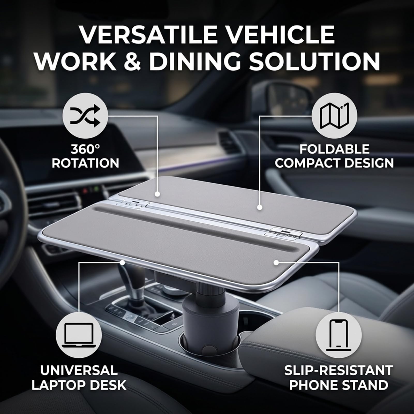 Ausla Auto-Getränkehalter-Tablett, Faltbar, Auto-Essenstablett mit Getränkehalter, 360° Drehbarer -Schreibtisch und Telefonständer für Optimalen Komfort