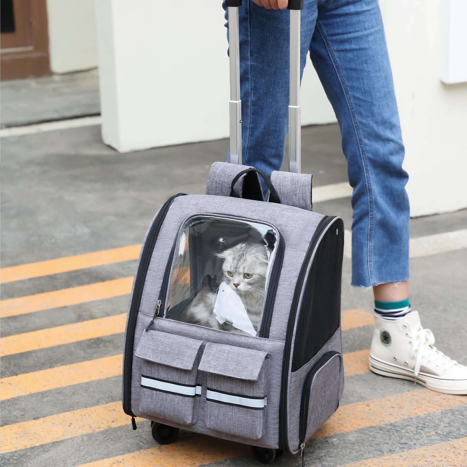 Trasportino Gatto con Ruote Pieghevole Portatile per Cani Piccoli Gatti Medi Grigio