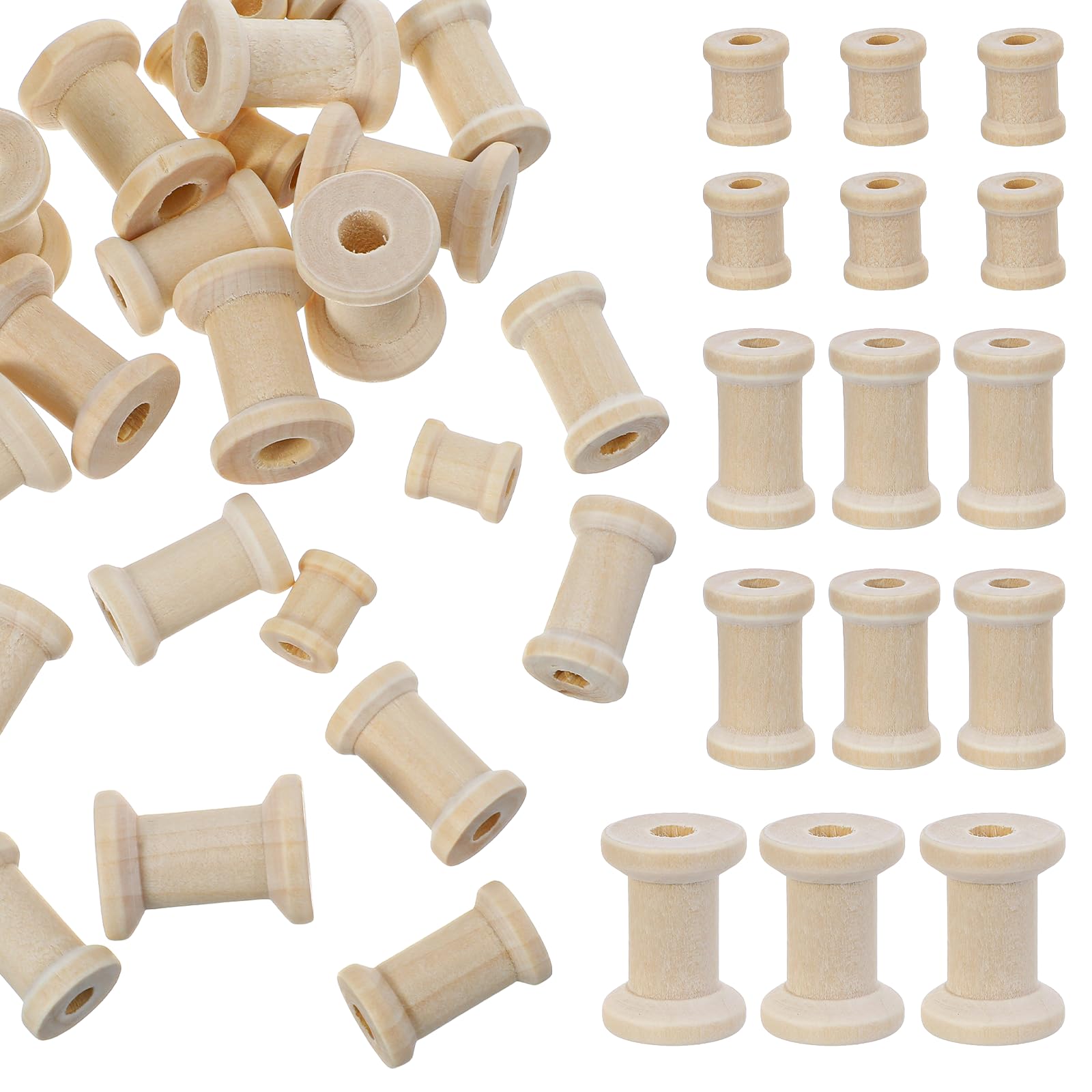 30 PCS Wooden Spools of Crafts, Empty Natural Wood Thread Bobbin, Small Unfinished Wooden Ribbon Textile Spool for Craft Wire Organizing Cord Twine Ribbon Chains Elastic Threads (15 mm 27 mm 30 mm)