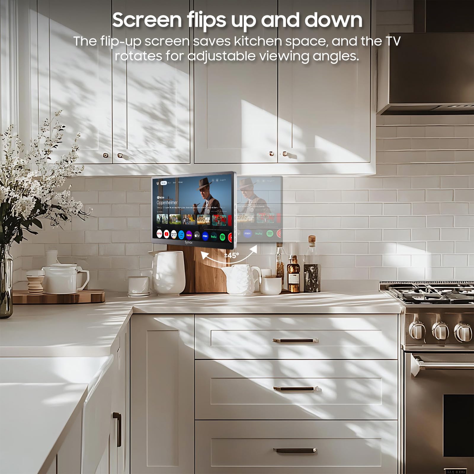 SYLVOX Televisor de Cocina, Mini Smart TV de 15.6 Pulgadas, 1080P Full HD Bajo Armario con Google TV y Sintonizador DVB-C/T2/S2, Televisor Compacto de 12V para Cocina, Habitación Infantil y Lavandería