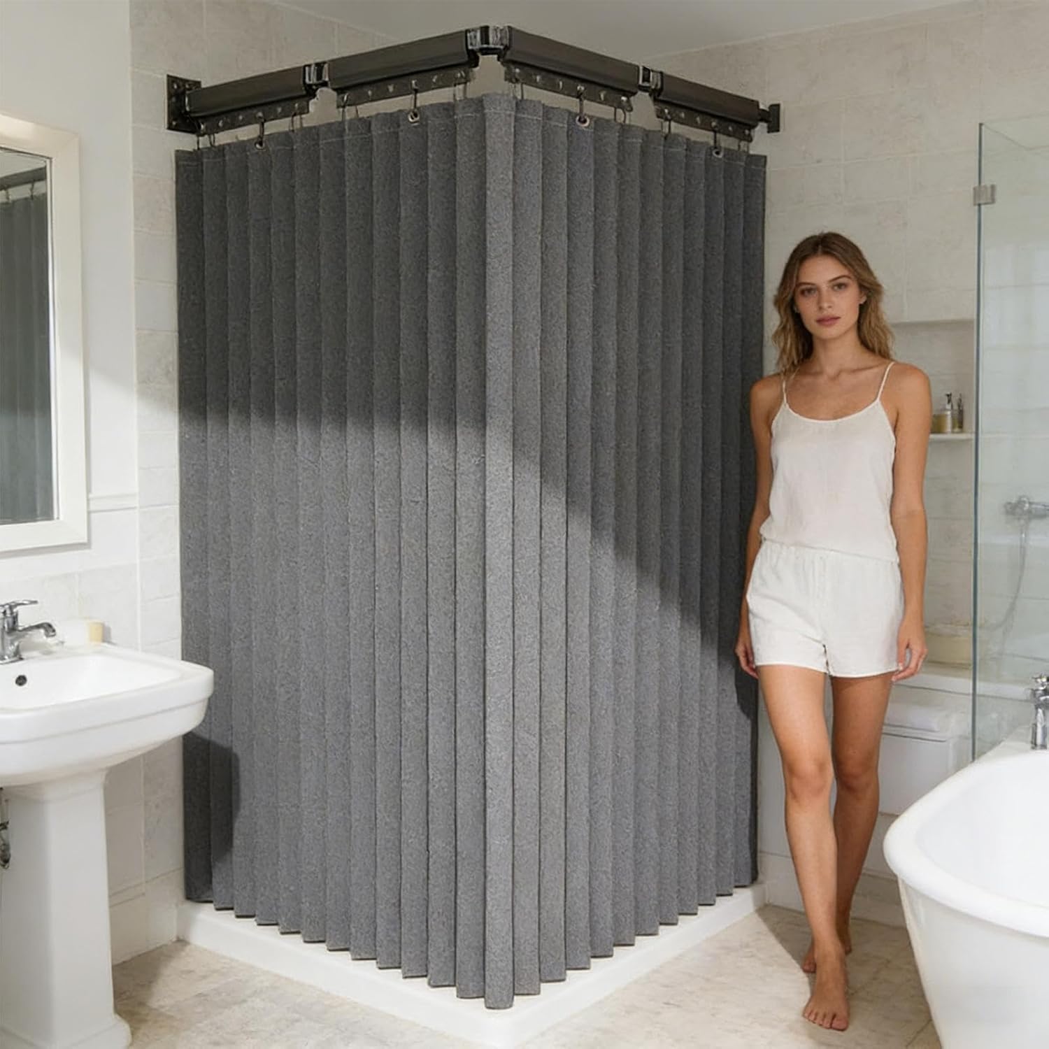 Shower Drapery Rod Adjustable Folding No-Drill - Wall-Mountable Bathroom Curtain Rod for Home Apartments RVs Hotel Rooms Gray White Polyester Aluminum Durable Practical Privacy Solution 200x180cm