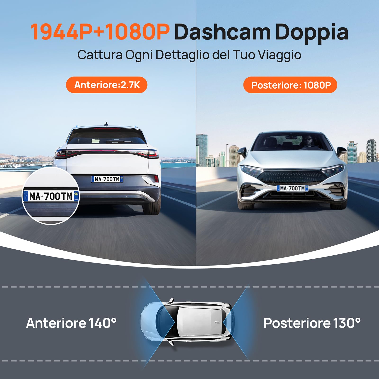 70mai Dash Cam Auto A510 Full-HD con Scheda SD da 64GB, 1944P Doppio Dashcam con GPS e WiFi, Visione Notturna, Registrazione in Loop, Modalità Parcheggio 24H, Controllo Tramite App, Massimo 256GB
