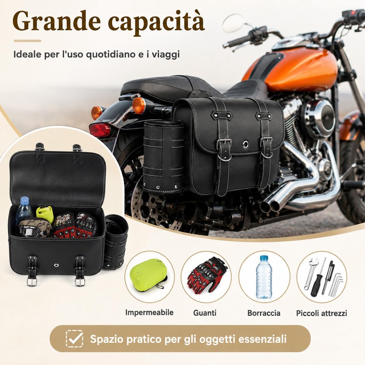 Borse Laterali Moto Grandi Coppia 32 x 13 x 25 cm, Borse Moto in Pelle PU con Portabicchieri E Staffe Metalliche, Borse Laterali Universali per Cruiser Scooter E Bike