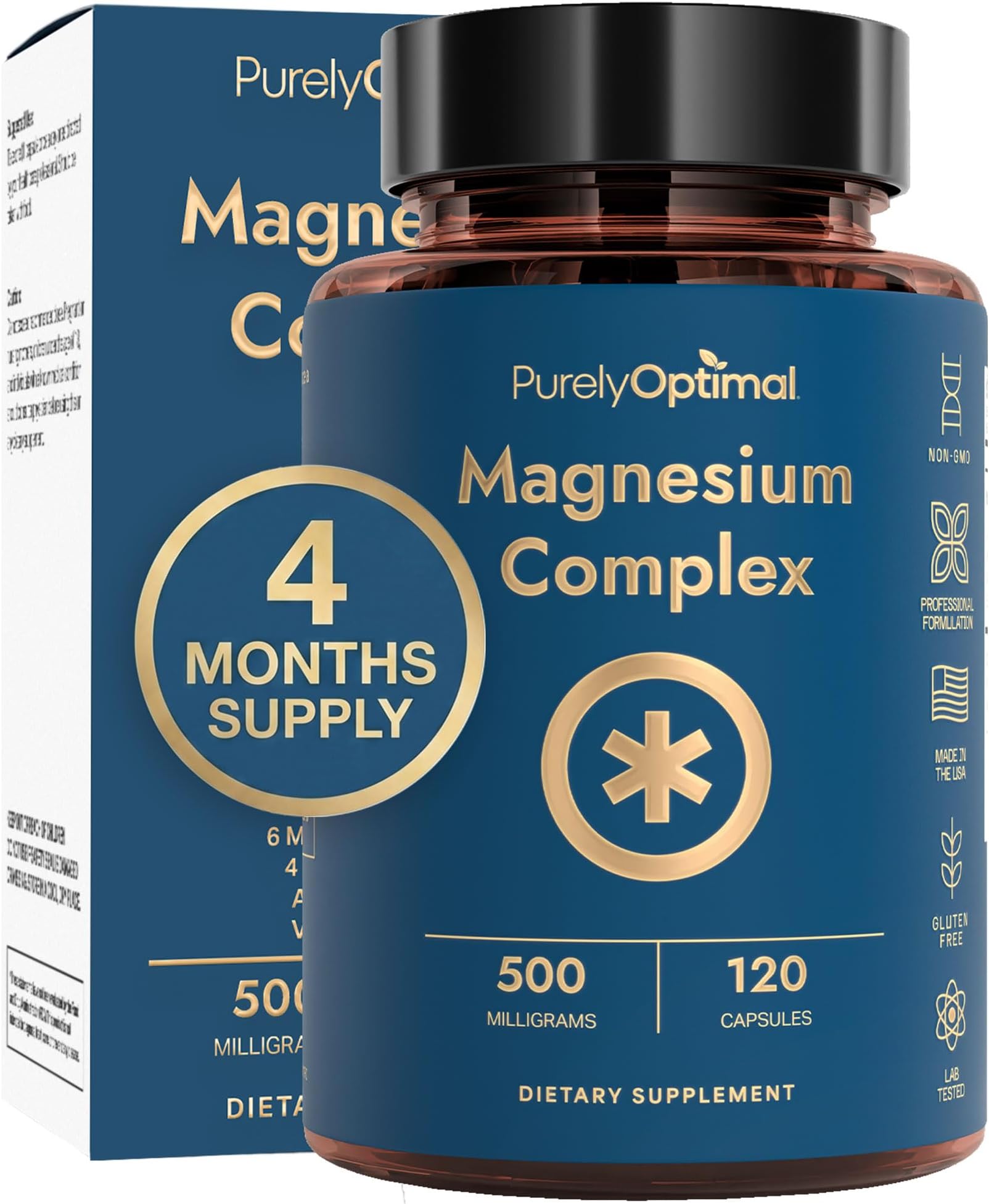 Purely Optimal Magnesium Complex - 6 Forms Magnesium Glycinate, Citrate & Malate - Sleep Support, Stress Relief, Muscles, Heart Health & Relaxation - Magnesium Supplement for Women & Men, 120 Caps
