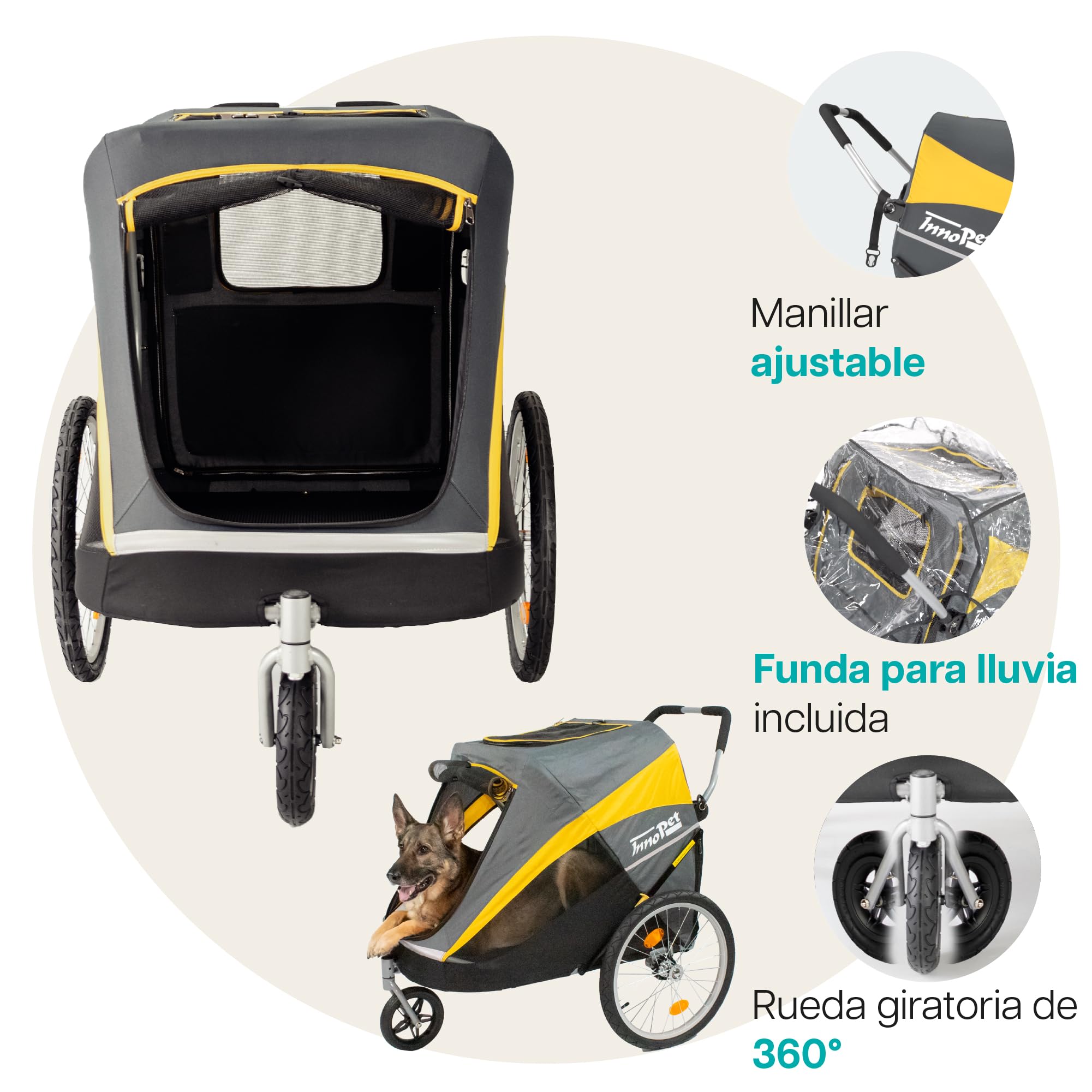 InnoPet Hercules 2 en 1 Cochecito y Remolque para Perros Amarillo Gris con Barra para Bicicleta, Ruedas de Aire de 20 Pulgadas, Estructura Robusta e Incluye Funda para Lluvia
