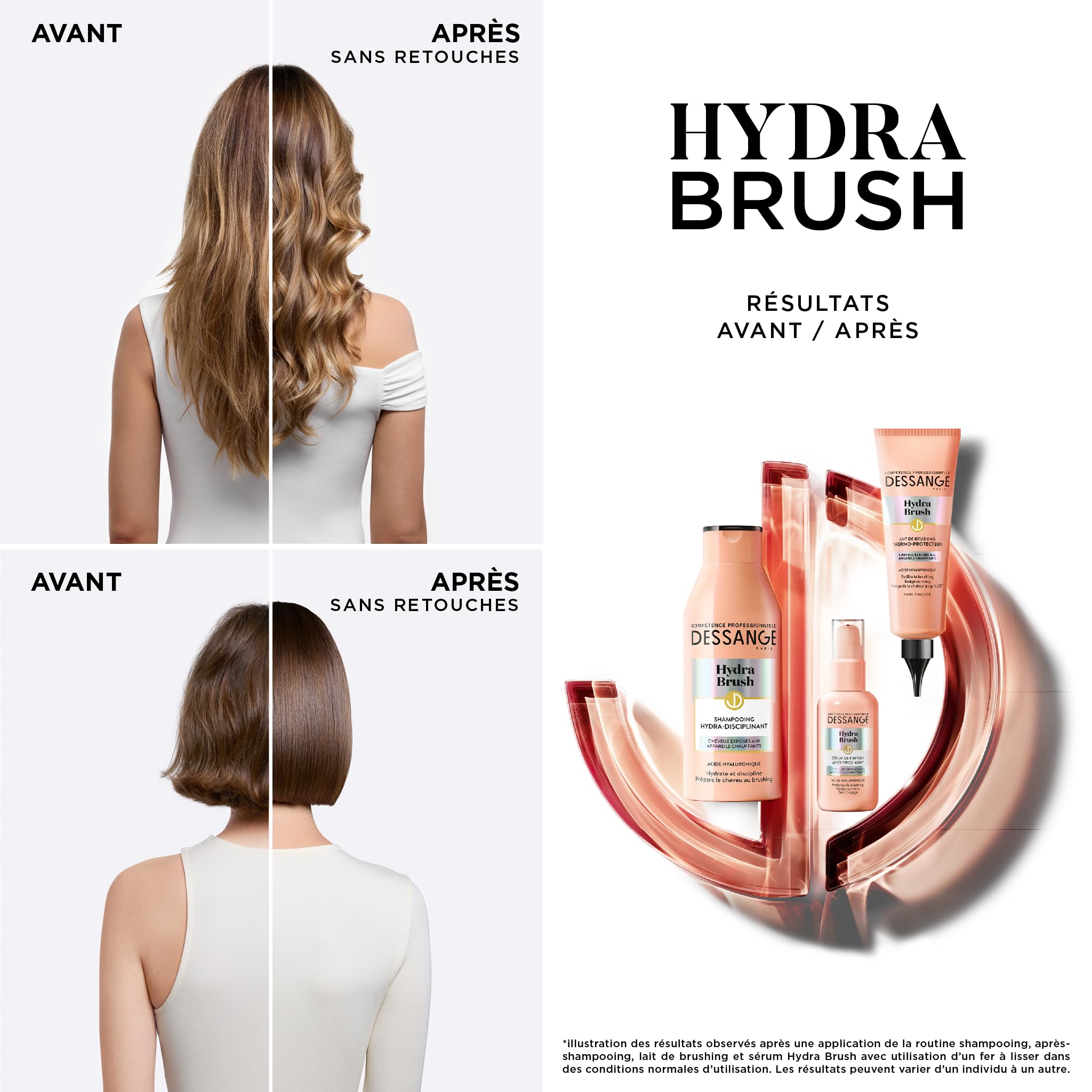 DESSANGE - Zestaw nawilżający i dyscyplinujący Hydra Brush - Dyscyplinujący szampon + Termoprotekcyjne mleko do Brushingu + 48H* Anti -Frizz Finish Serum - Formuła wzbogacona kwasem hialuronowym*