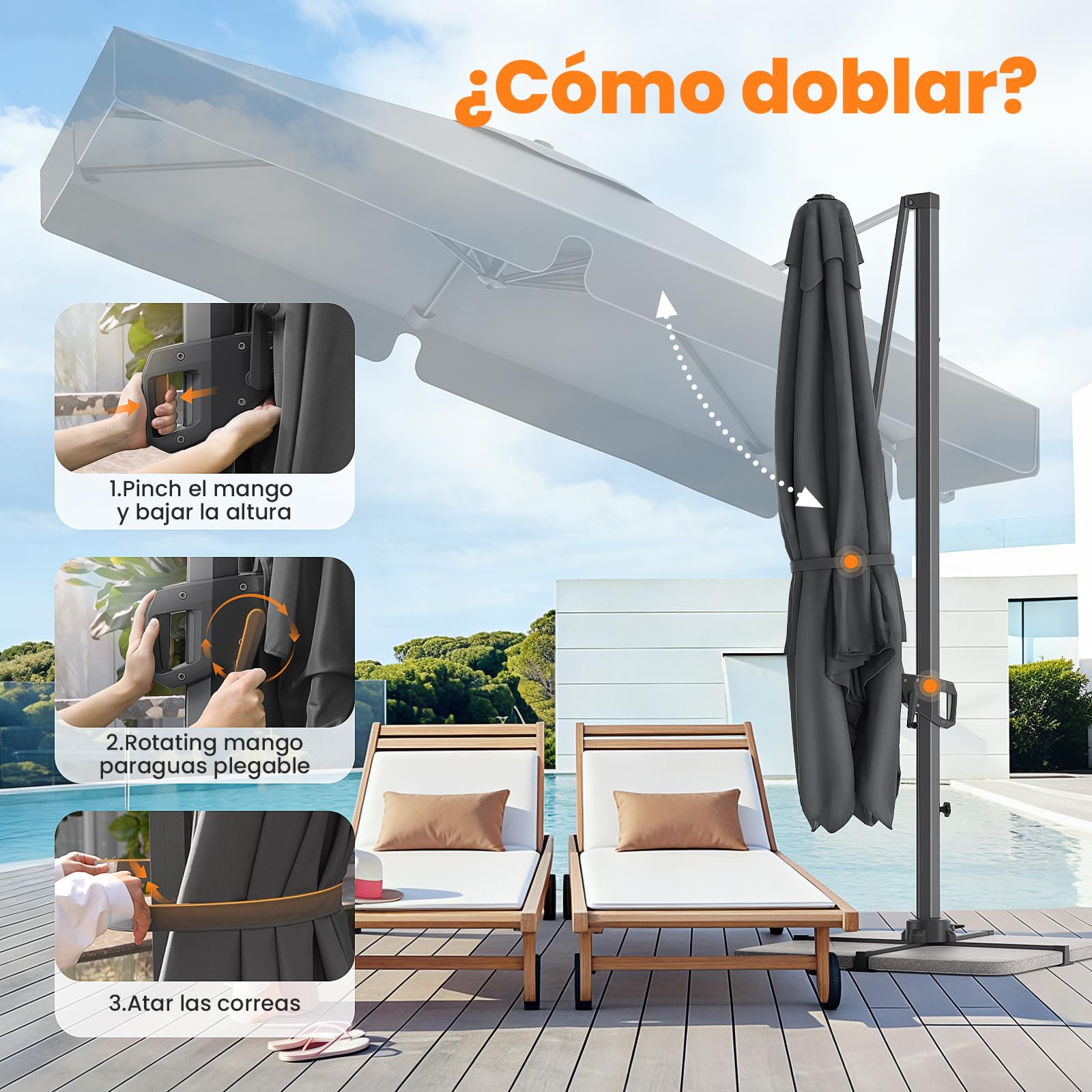 YEAUPE PRO Sombrilla Terraza Exterior 3x3m Giratorio 360°, Parasol Jardín con Altura Ajustable, Sombrilla Grande Cuadrado para Patio, Jardín y Piscina con Protección UV 50+, 300 x 250 cm
