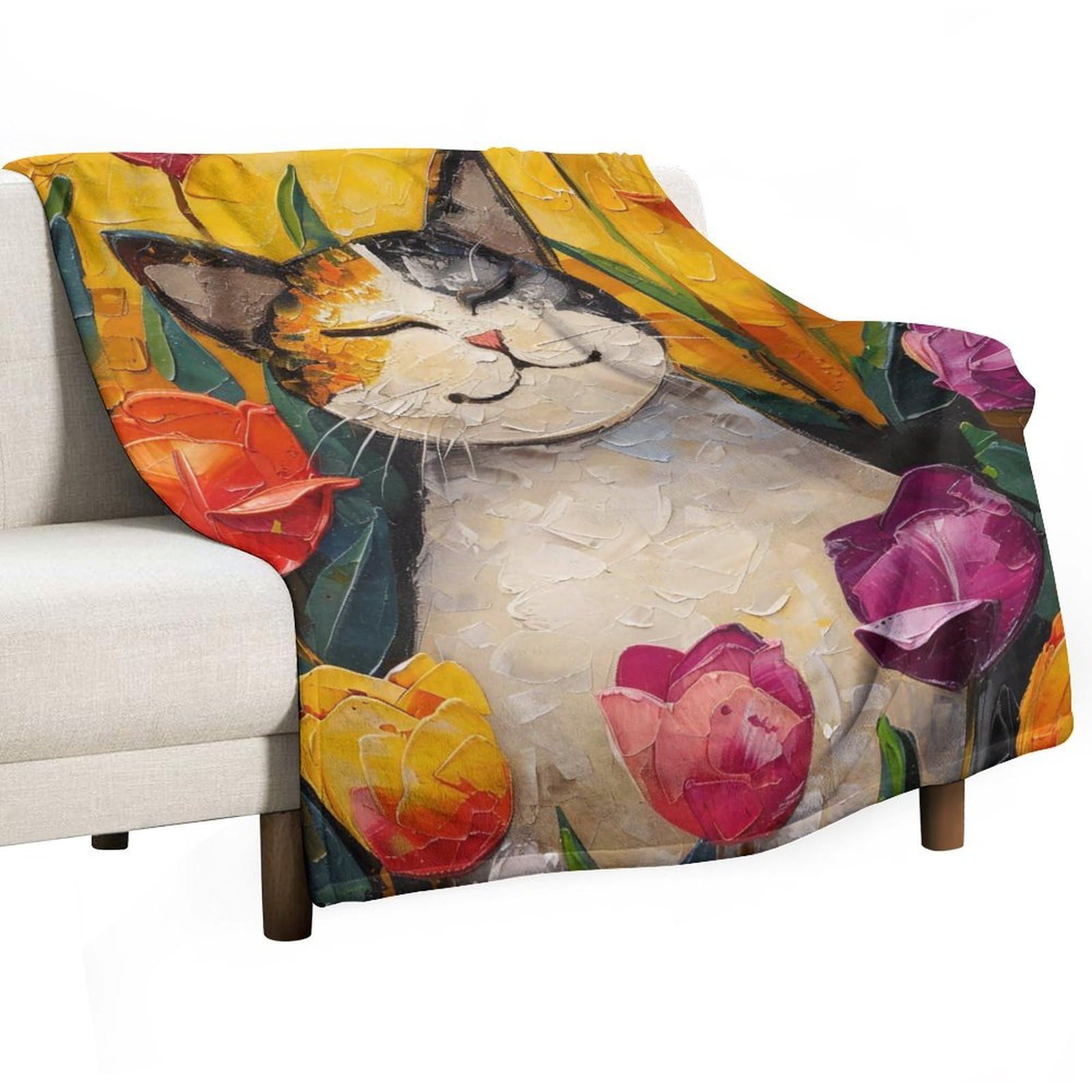 Yhgsreuoh White-Style Happy Cat In Tulip Garden 03 Flannel Blankets Fleece Soft Throw Lightweight Plush Gifts For Couch, Bed, Cozy Sofa Plush, Chair, Lovers 138X175cm(55X70in)