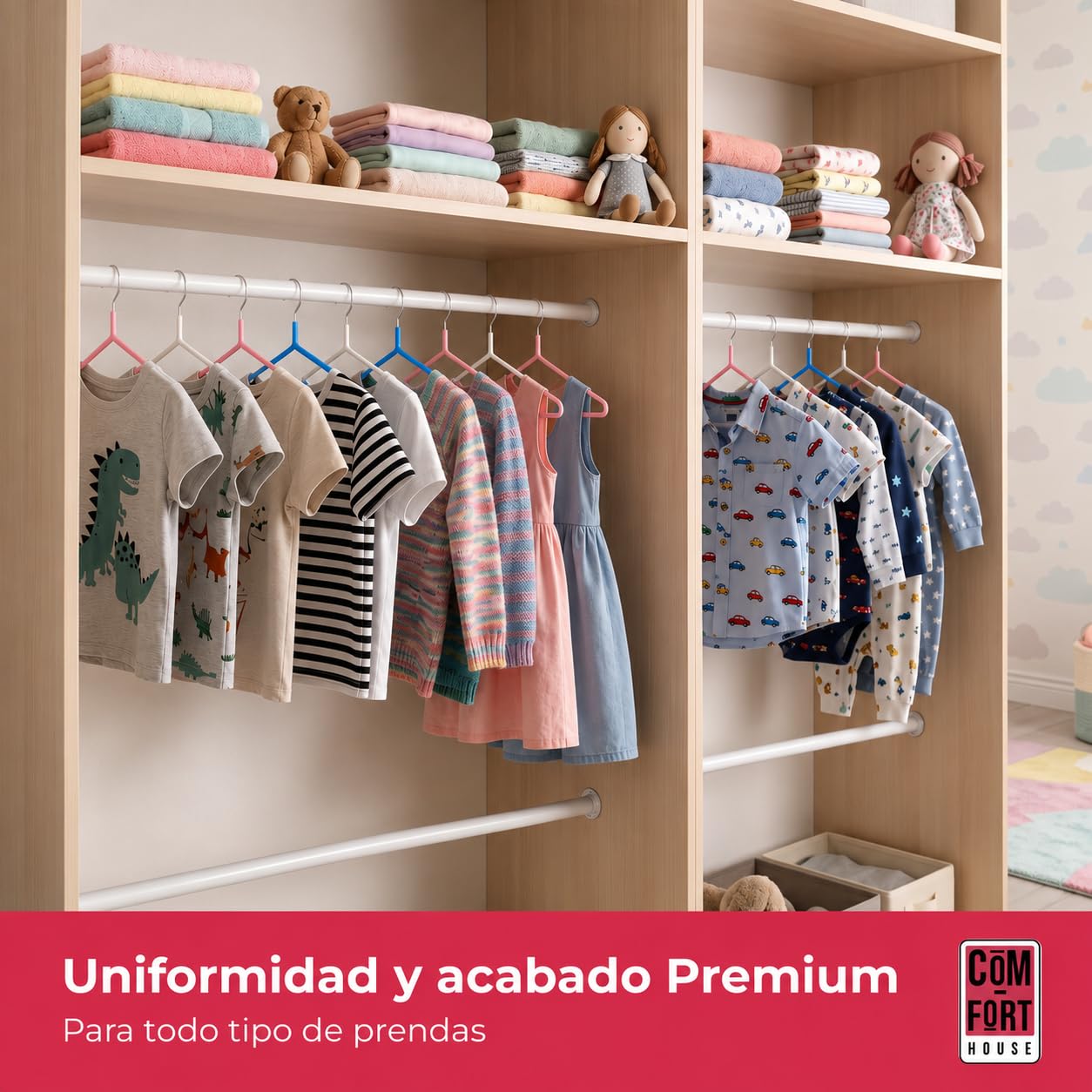Percha de Plástico Infantil Rosa y Blanca 25 cm Pack 120 COM-FORT HOUSE