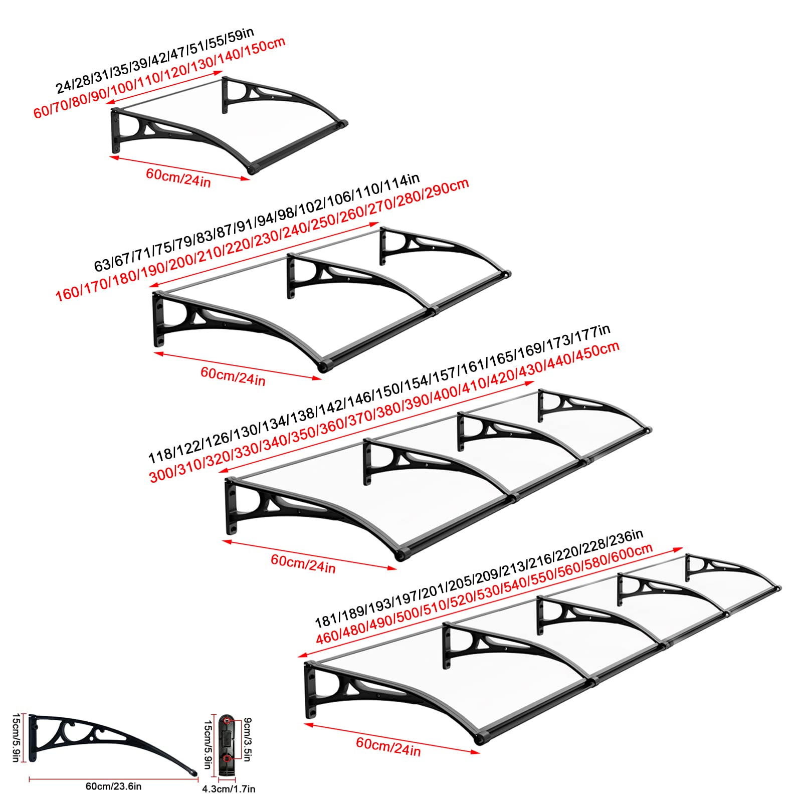 Marquesina para Puertas de Aleación de Aluminio para Fregadero,Cubierta de Policarbonato Transparente,Toldo de Entrada de Porche,Dosel de Techo,Marquesina Puerta Exterior (60x170cm/24"x67")