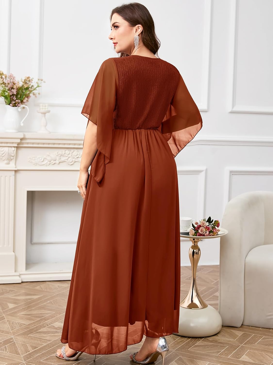 ZOMVA Plus Size Formal Dress V Neck Chiffon Handkerchief Sleeve Mother of Bride Dresses Wedding Guest Party Evening Gown - Image 6